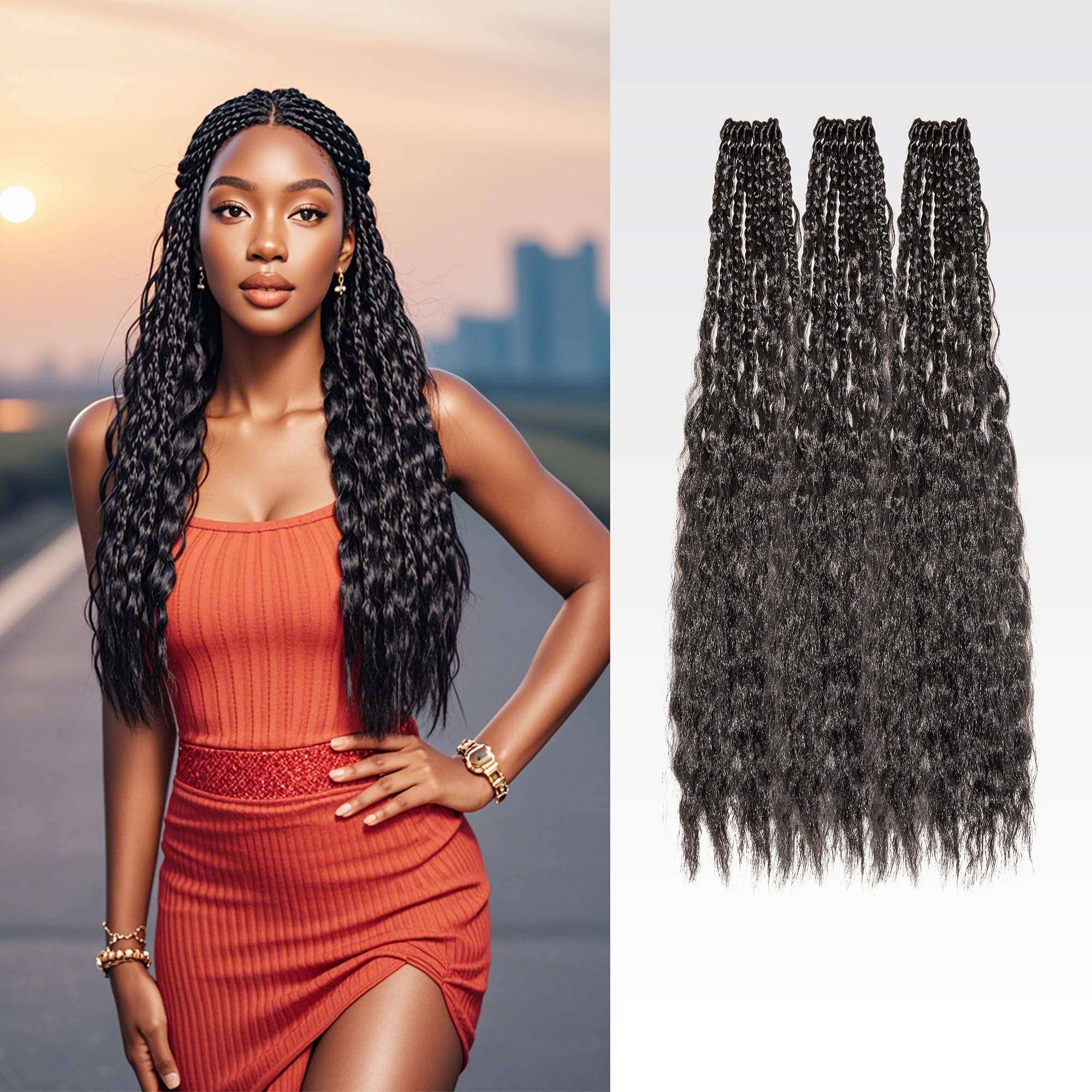 24 Inch Boho Box Braids Crochet Hair - Pre-Looped Bohemian Curly Goddess Box Braids with Wet & Wavy Curly Ends, T1 Color, 24 Roots, Synthetic Hair Extensions for Black Women