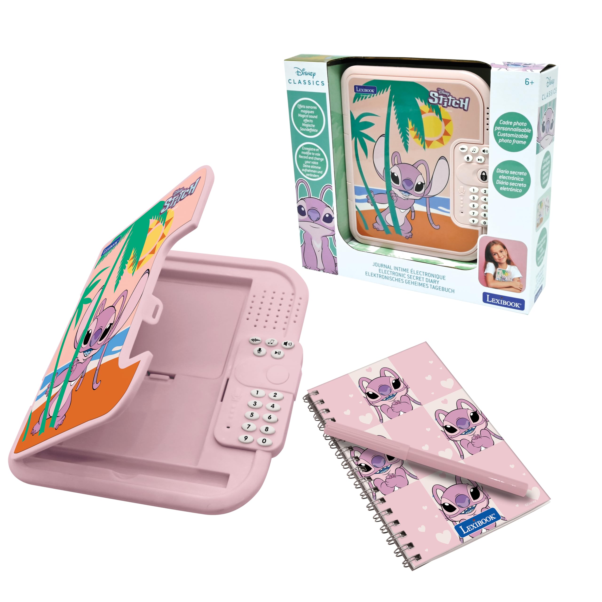 LEXIBOOK, Disney Stitch, Angel electronic diary with pen and notebook included, interactive, password, fun features, sound effects, Blue/pink, SD50D1