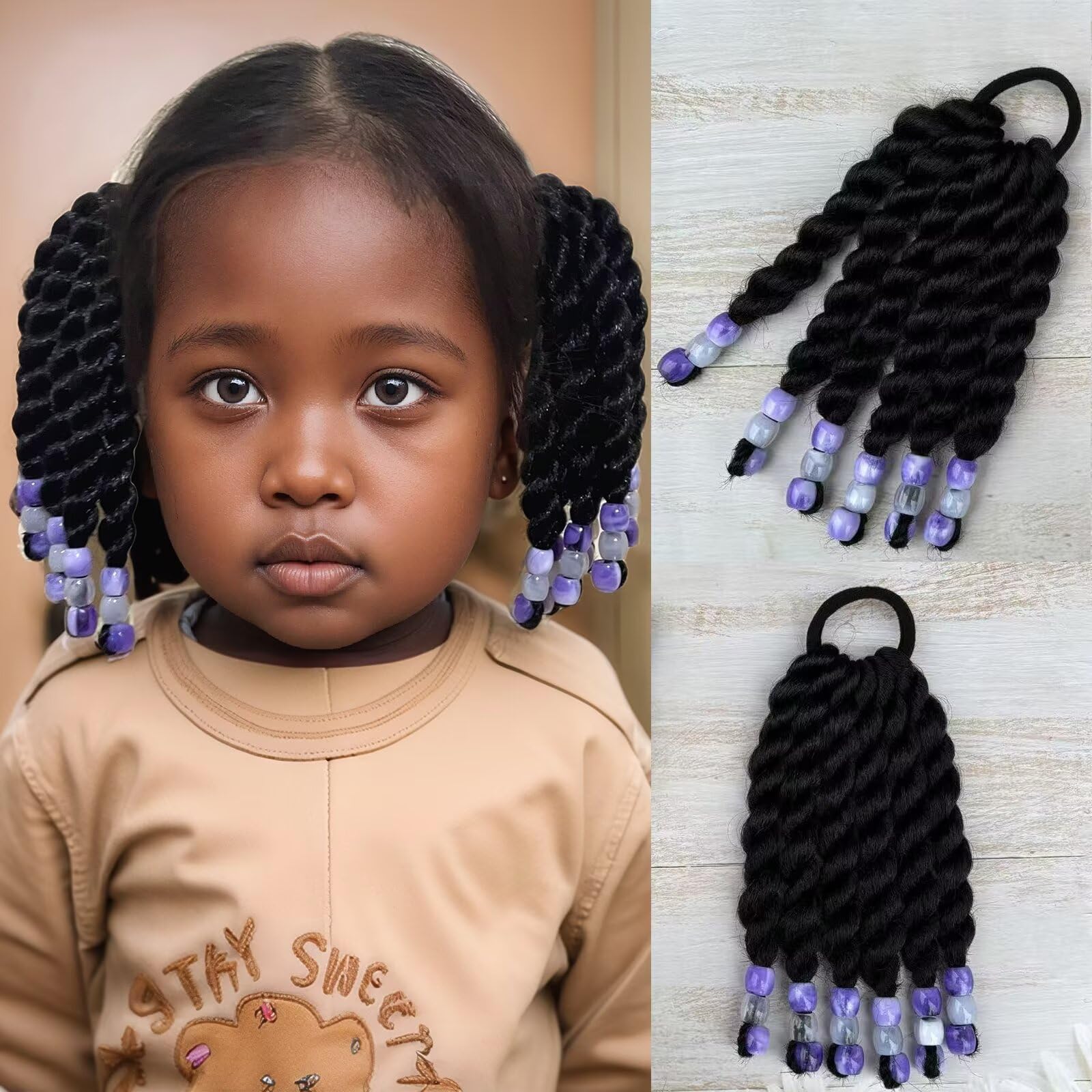 YOROSTAR 2 Pieces Kids Ponytail With Beads 6inch Two-Strand Twists Braided Ponytails for Kids Braids with Beads Protective Braided Hairstyles for