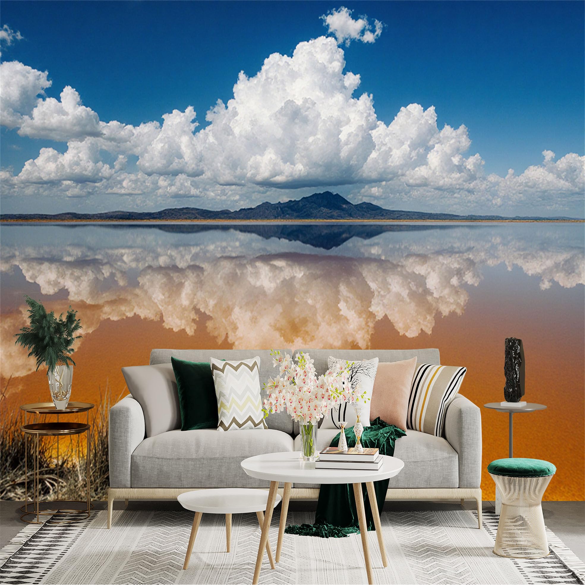 Custom Size Wall Sticker Mural， Serene Lake with Cloud Reflection， Golden Sunset Horizon， Majestic Mountain Landscape， Nature Scenery， for wall Decoration， peelandstick wall Decals.