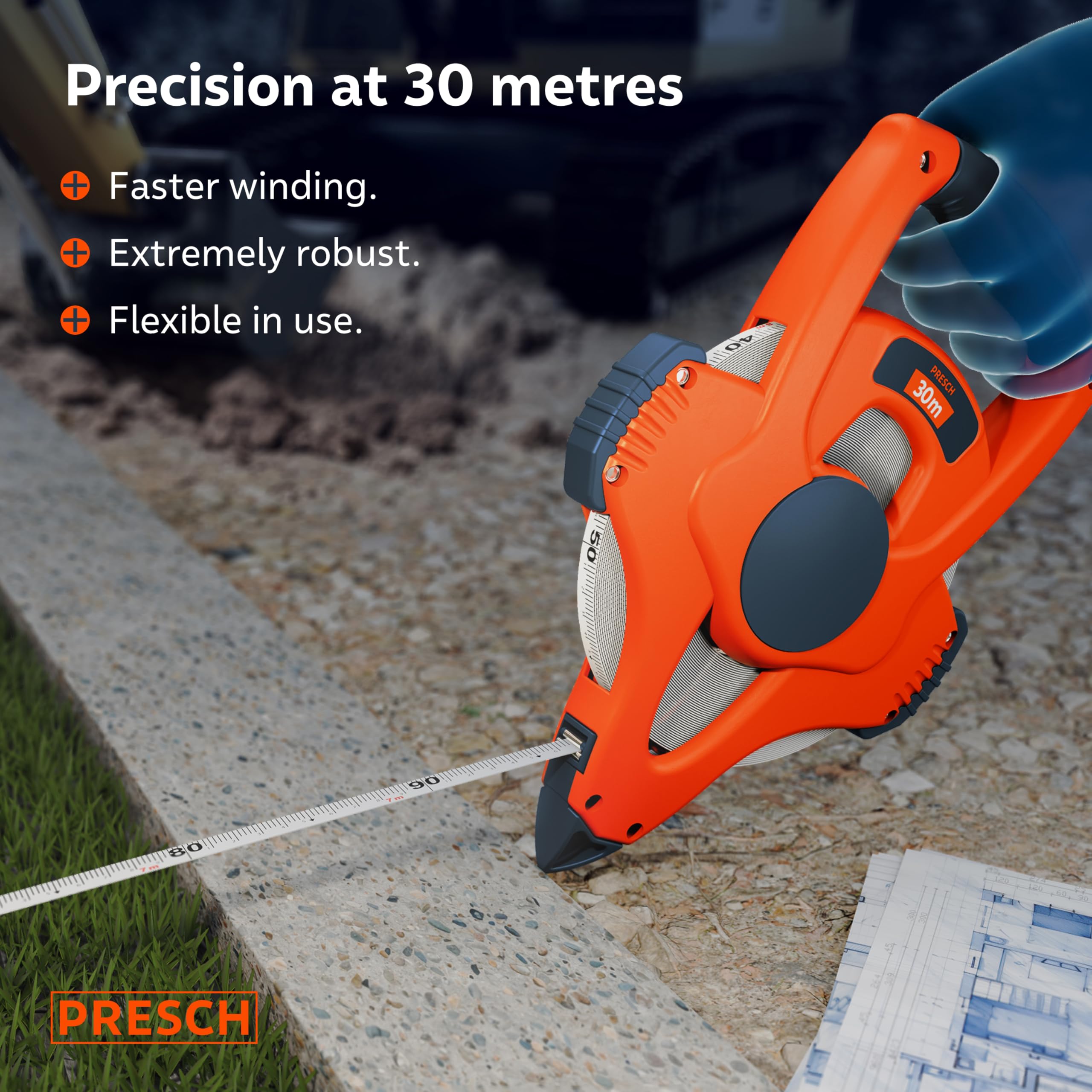 Presch Tape Measure 30m, Fast return thanks to 3:1 gearbox, Weather-resistant Fibreglass Surveyors measuring tape - Image 2