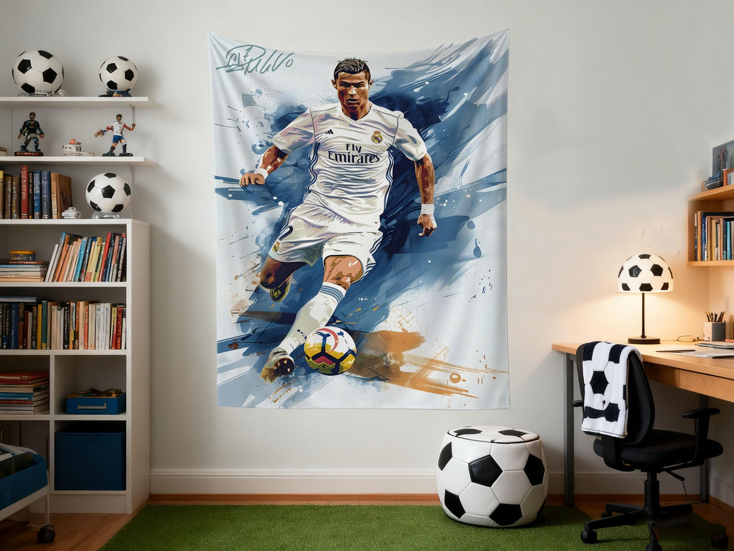 Cristiano Ronaldo World Cup Soccer Tapestry for Teens Fans - Single-Sided HD Fade-Resistant Print, Machine Washable Polyester, 4 Corner Grommets, Indoor Wall Decor for Bedroom/Living Room, 35.4x47.2 Inches (White) — view 8