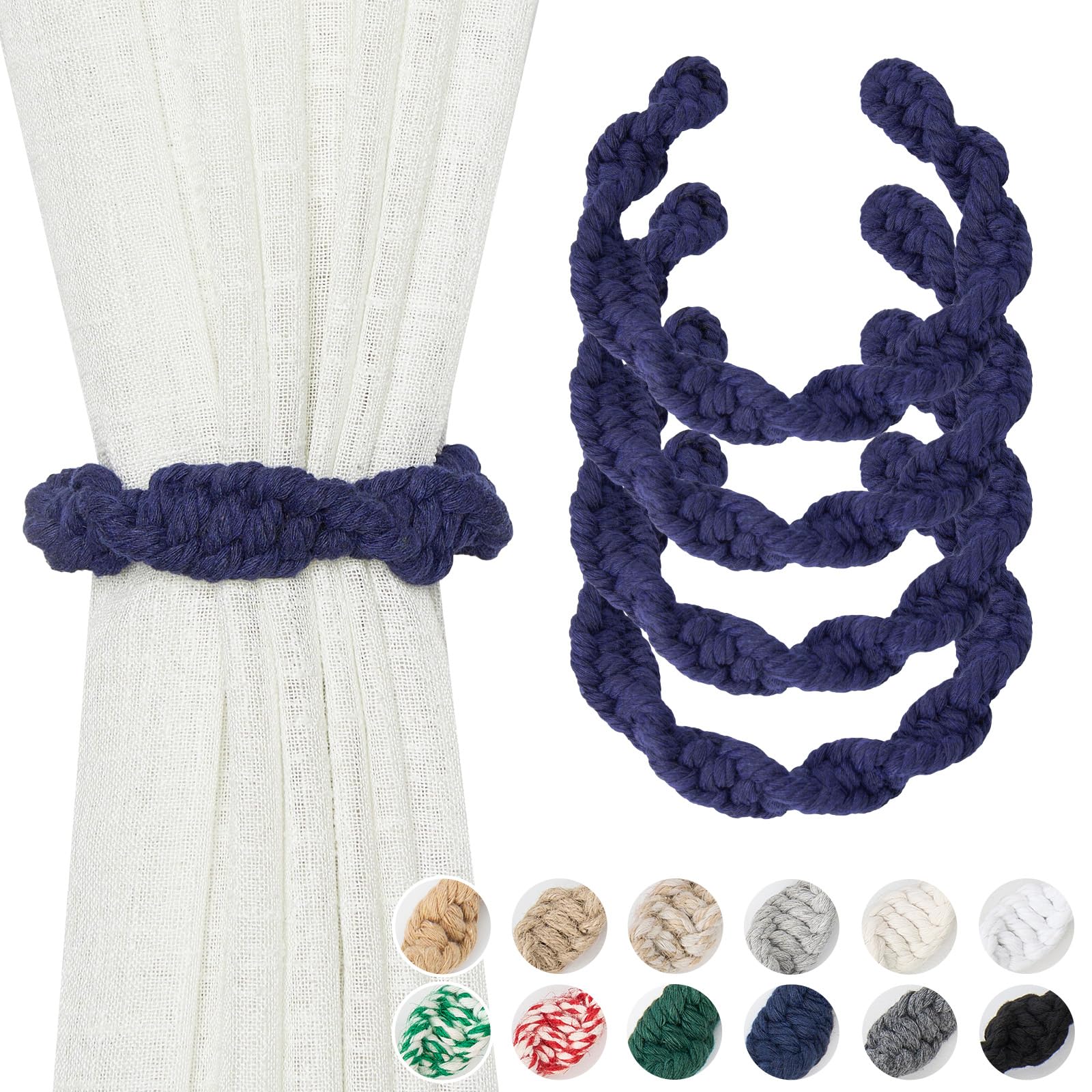 Pretty Jolly 4 Pack Natural Cotton Rope Curtain Tiebacks Farmhouse Rustic Style Decorative Drape Tie Backs Spiral Braided Curtain Holdbacks for Home & Office Sheer/Light Weight Drapery (C-Dark Blue)