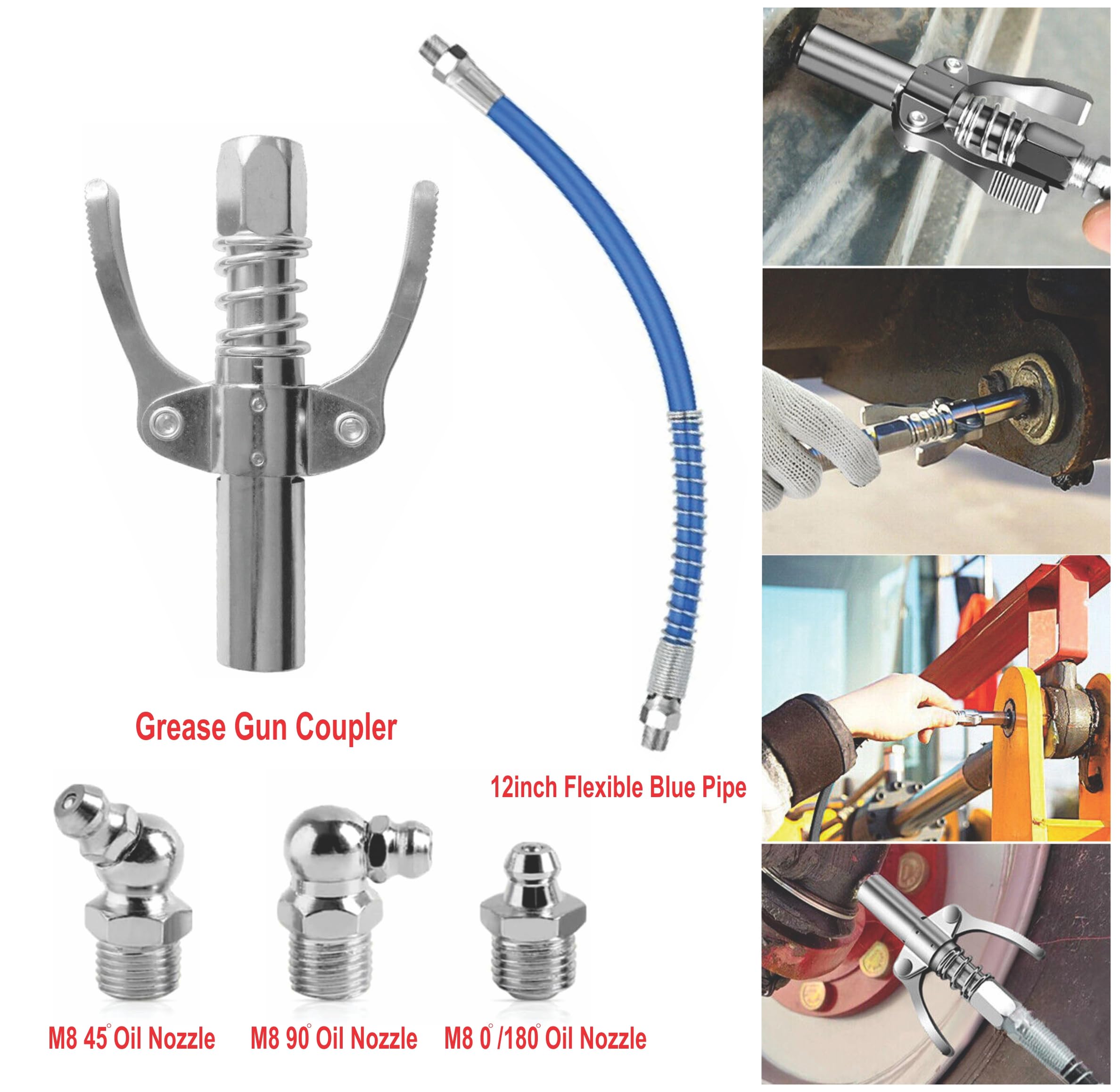 EPITECH MART Grease Gun Coupler 10000 PSI Leak-Free Grease Nozzle With 12 Inch Flexiable Blue Hose Pipe 1