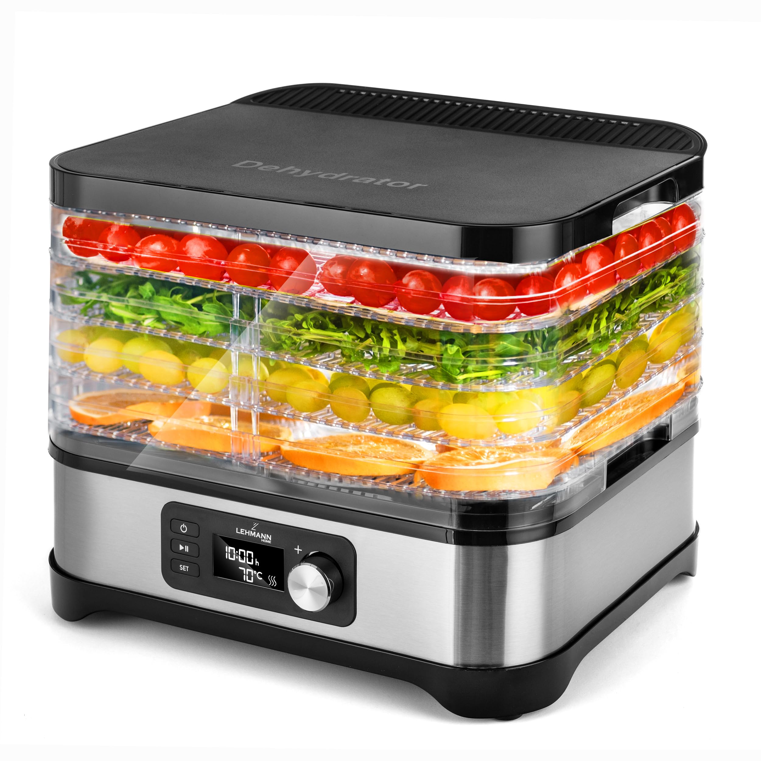 LEHMANN Dörrautomat Edelstahl 450W | Dörrgerät für Lebensmittel mit 5 Dörrebenen | Dehydrator mit Temperaturregler 35-70°C | Trockner für Obst, Pilze, Fleisch, Kräuter, BPA frei