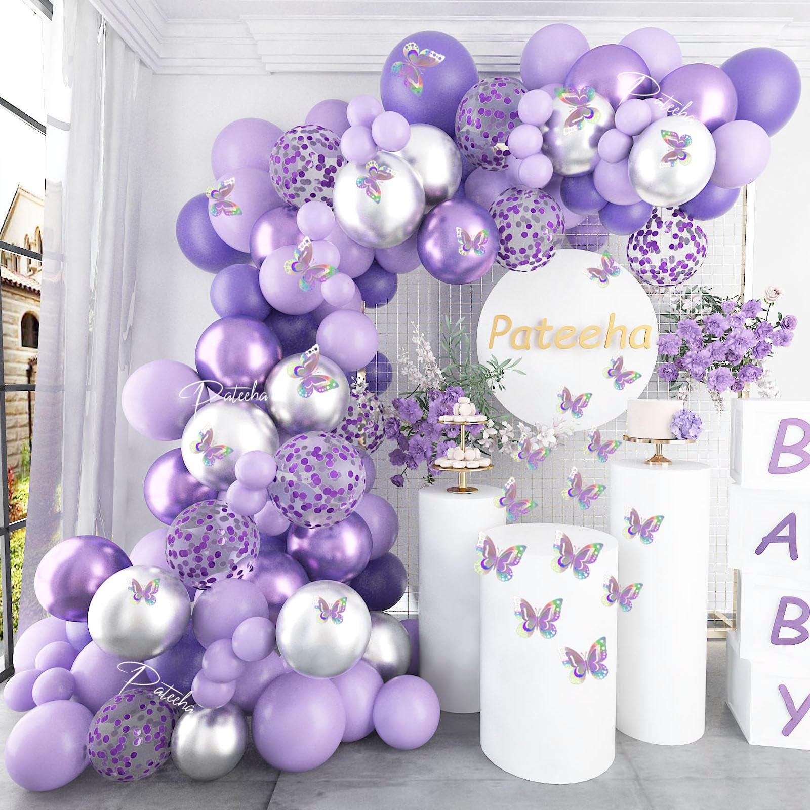 Pateeha Purple Balloon Arch Kit 140Pcs Lavender Balloons Garland Kit Butterfly Baby Shower Decorations Metallic Silver Lilac Balloons 12Pcs Butterfly