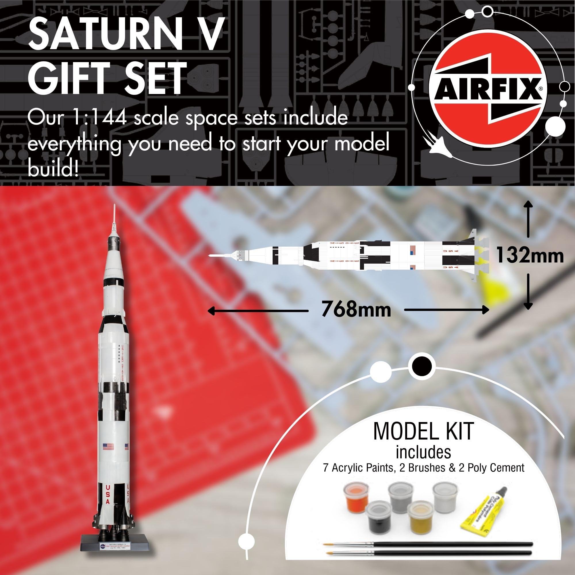 Airfix A50201 Saturno V: maquetas de plástico, Naves espaciales para Adultos y niños 8+ años. Incluye: Escala, Pinturas acrílicas Humbrol, Pinceles y policemento