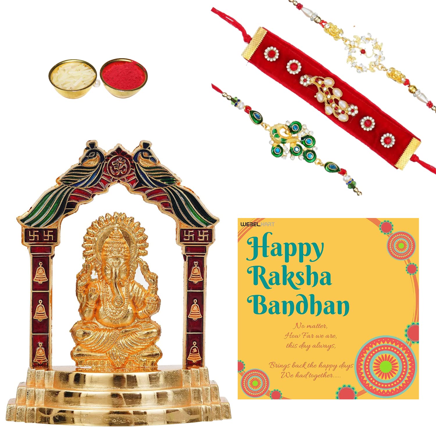 Webelkart Premium Combo of 3 Designer Rakhi for Brother and Bhabhi and Kids, 1 Greeting Card and Roli Chawal Pack with Premium Lord Ganesha Gold Plated Statue