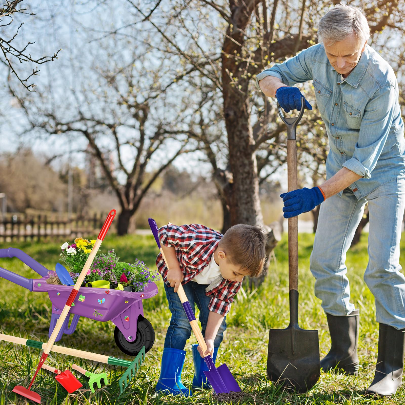 JONRRYIN Set de Jardinería con Carretilla, Herramientas y Guantes para Niños - Incluye Pala, Rastrillo y Accesorios, Carretilla de Jardín, Juego de Exterior para Pequeños Jardinería (Morado)
