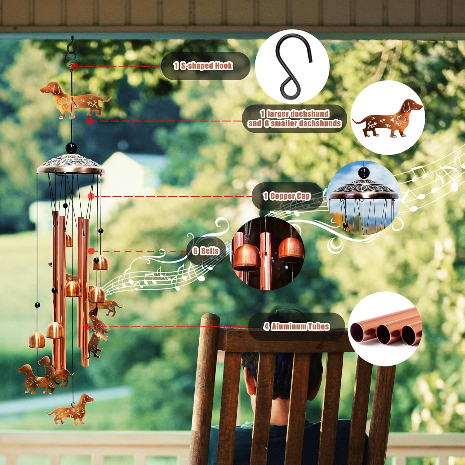 Dachshund Dog Wind Chimes for Outside Windchimes Outdoor/Indoor, Home, Lawn, Porch, Yard Decorations,Metal Garden Decor Dachshund Dog Wind Chimes Gifts for Women/Men Birthday Gifts Memorial Gift