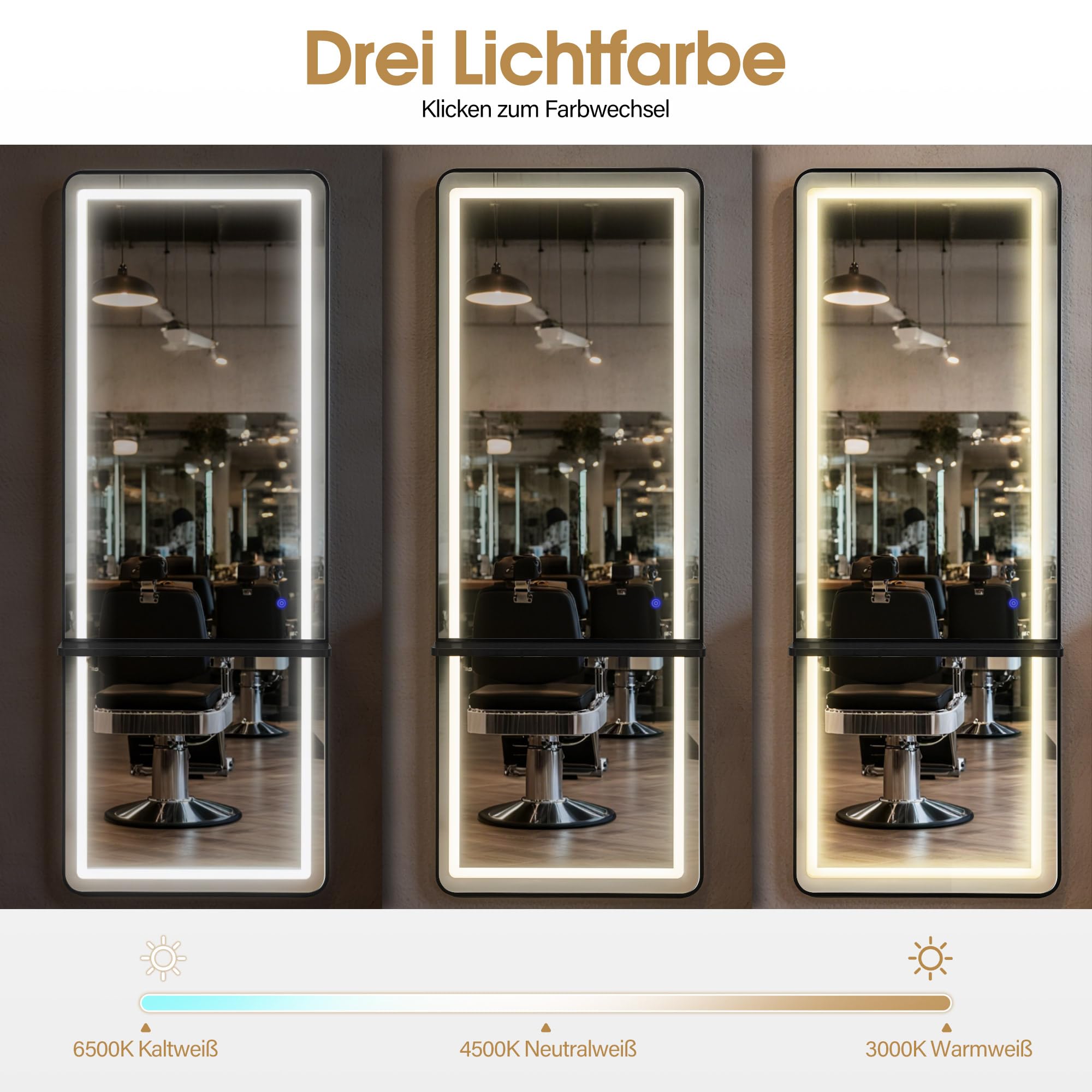 Barberpub Wandspiegel mit Beleuchtung, Ganzkörperspiegel mit Aluminiumrahmen, Großer Spiegel mit Ablage, Touch-Schalter, 3 Lichtfarben Dimmbar, für Friseursalon, 17x65x177 cm, J6271 (Schwarz)