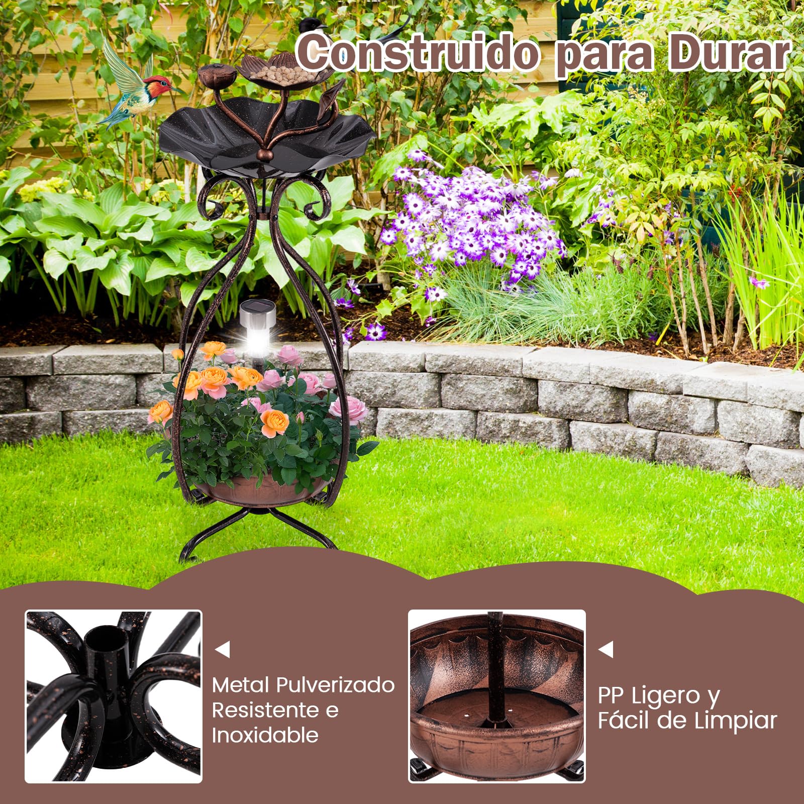 COSTWAY Comedero Pajaros Exterior de PP, Alimentación de Aves de Jardín, Comedero Vertical para Pájaros en Estilo Retro, Decorativo Exterior Baño de Pájaros (Bronce, 31 x 31 x 79 cm)