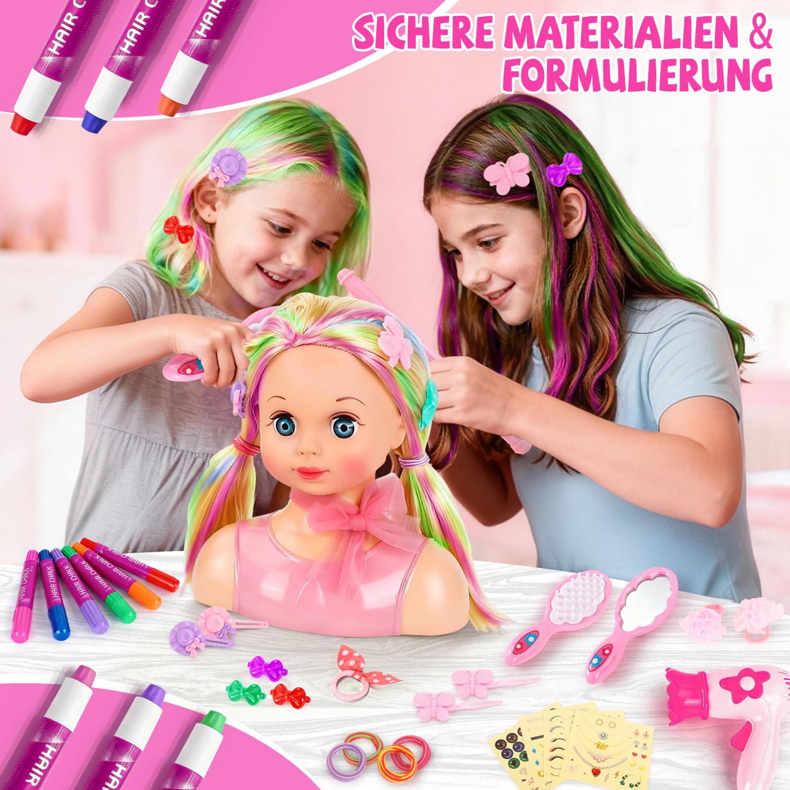 Frisierkopf Kinder Set, Frisierkopfpuppe Spielzeug Set für Kinder mit Haarzubehör, Frisierkopf für Mädchen Waschbar Set Geschenk Weihnachten für Mädchen 3-10 Jahren