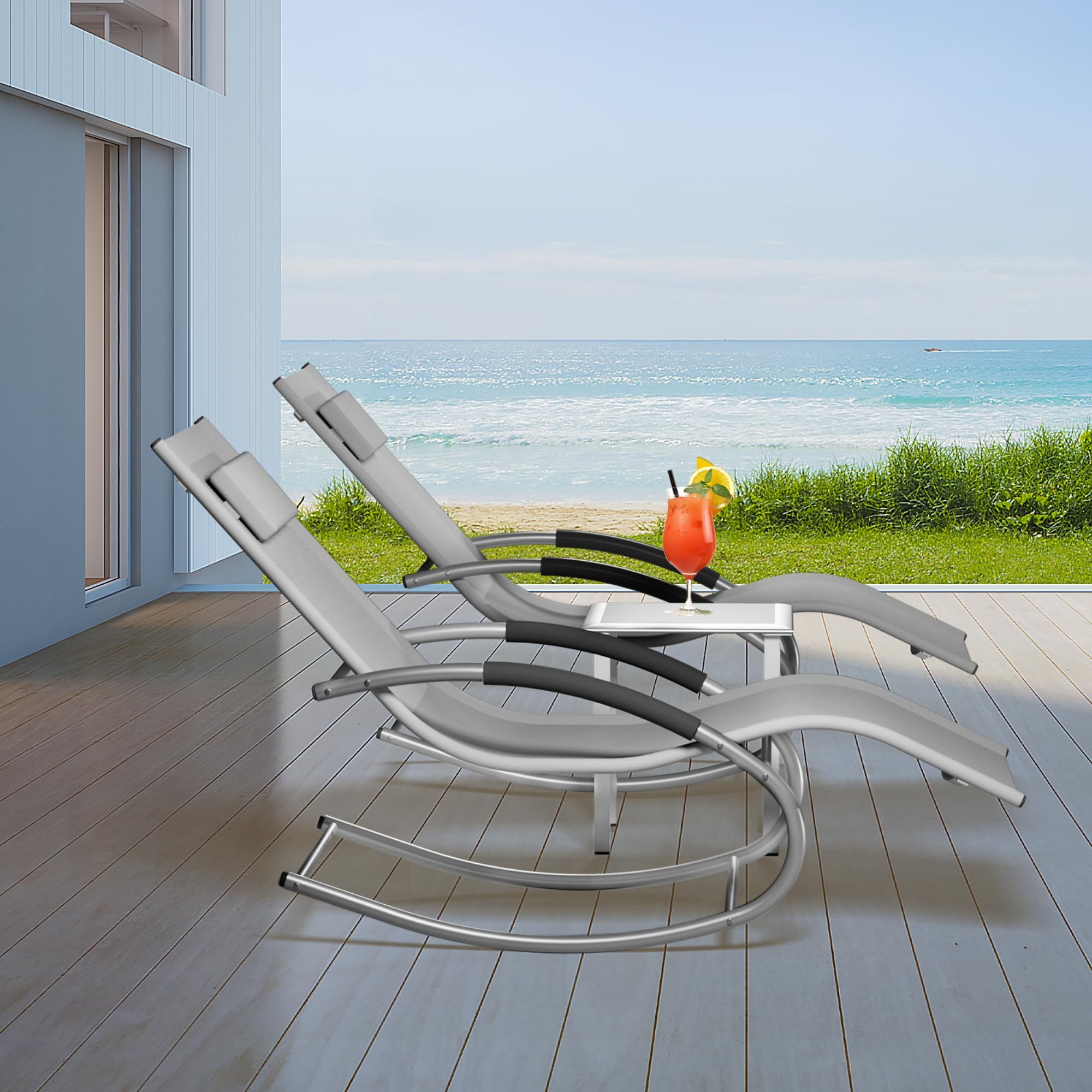 Garvee Conjunto de 2 Tumbonas de Jardín y Mesa Auxiliar, Muebles de Exterior de Hierro Transpirable con Almohadas, Hamacas Reclinables para Terraza, Patio, Balcón y Piscina, 190x58x30 cm Gris