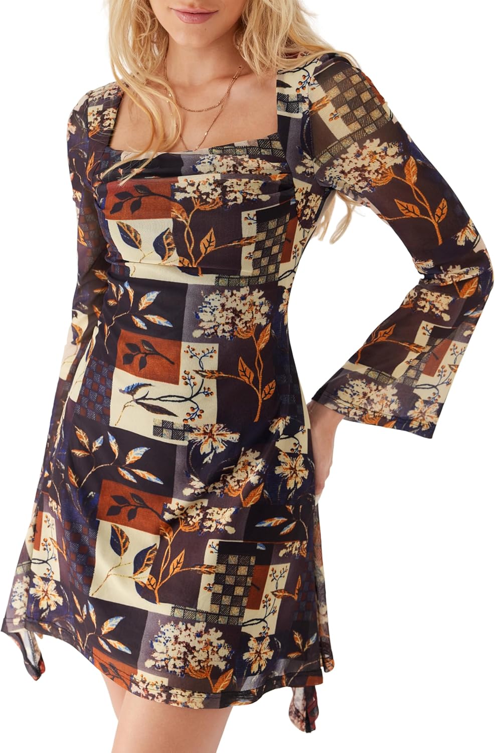 CIDER Women Bell Sleeve Floral Dress Square Neck Mesh Mini Dresses Bodycon Y2k Boho Fall Fashion Going Out Party Outfit - Image 4