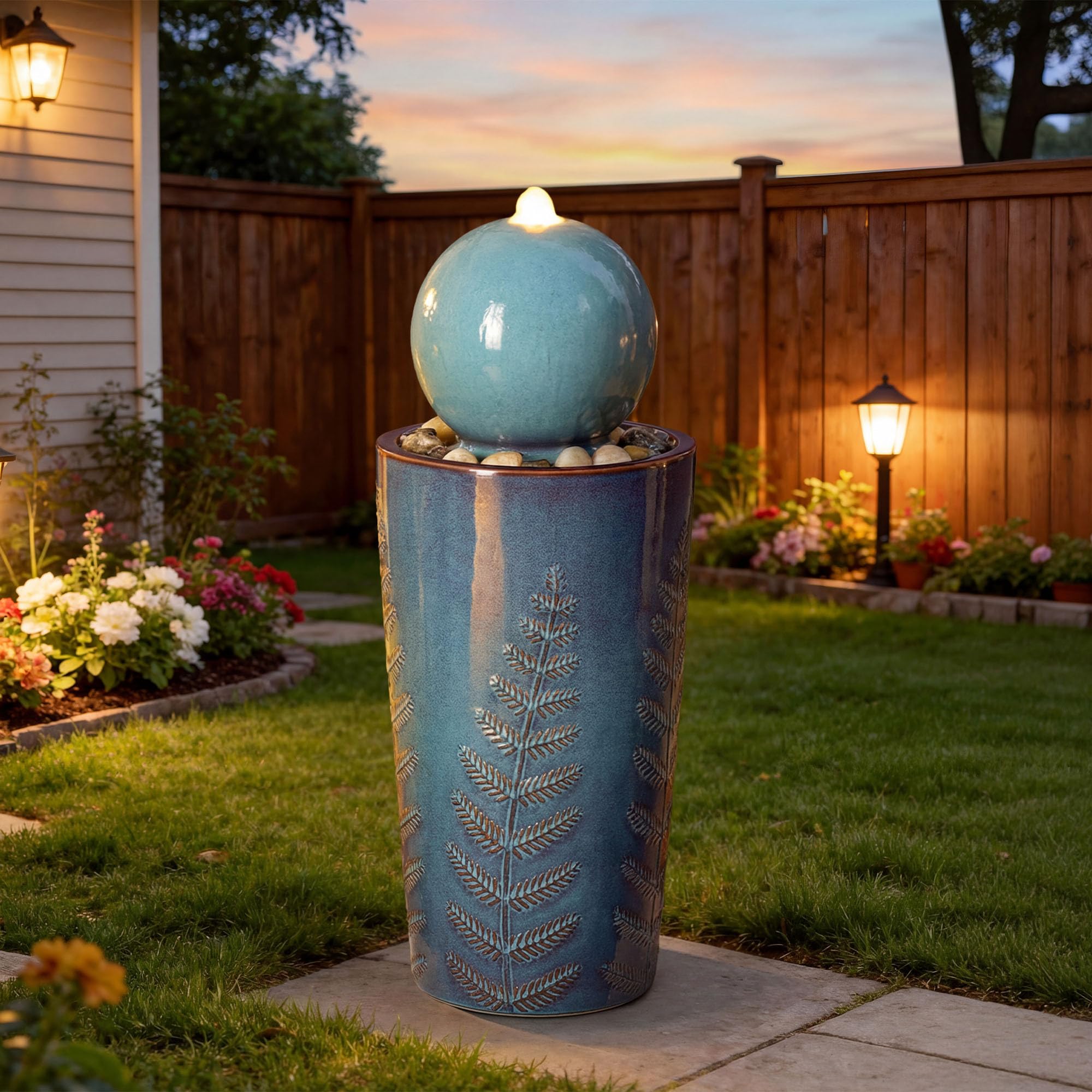 Ultym 29.5" Ceramic Sphere Water Fountain with LED Light, Teal Blue Glaze