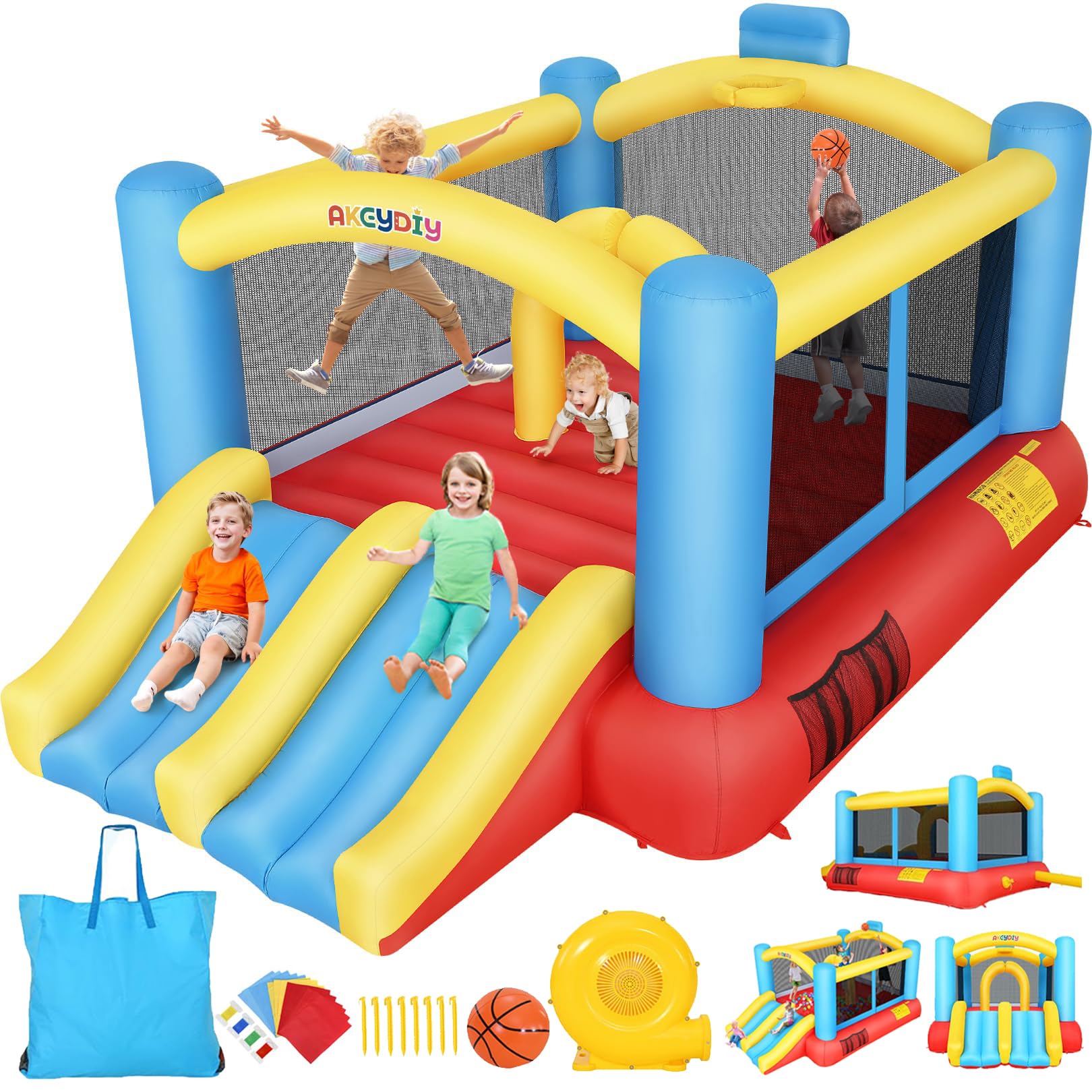 AKEYDIY Bounce House Obstacle Course for Kids 3-12, Bouncy Castle W/Double Slides 13FTX10FT,Blower Included,Large Bounce Area/Basketball Hoop,