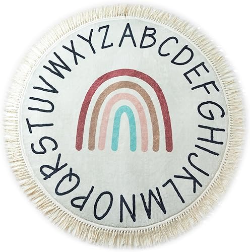 ABC Lovely - Alfombra bohemia con diseño de arco iris, alfombra redonda de 4 pies para sala de juegos de niños pequeños, alfombra redonda para aula,