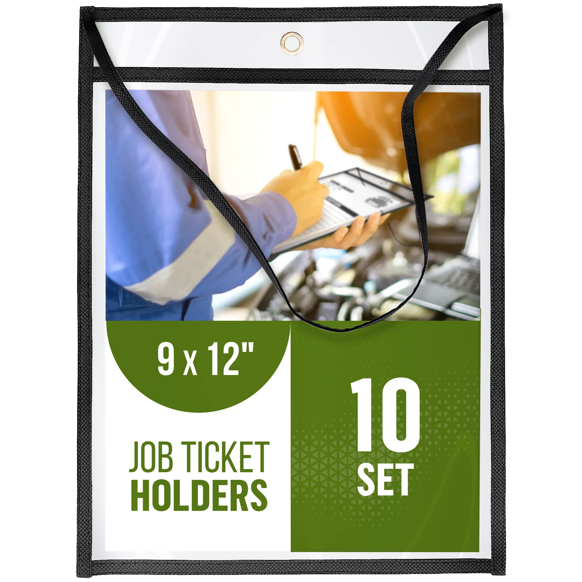 10 Pack Hanging Job Ticket Holders with Strap 9x12 in - Black Shop Ticket Holders with Hanging Strap - Heavy Duty Work Order Plastic Sleeves 9 x 12 in