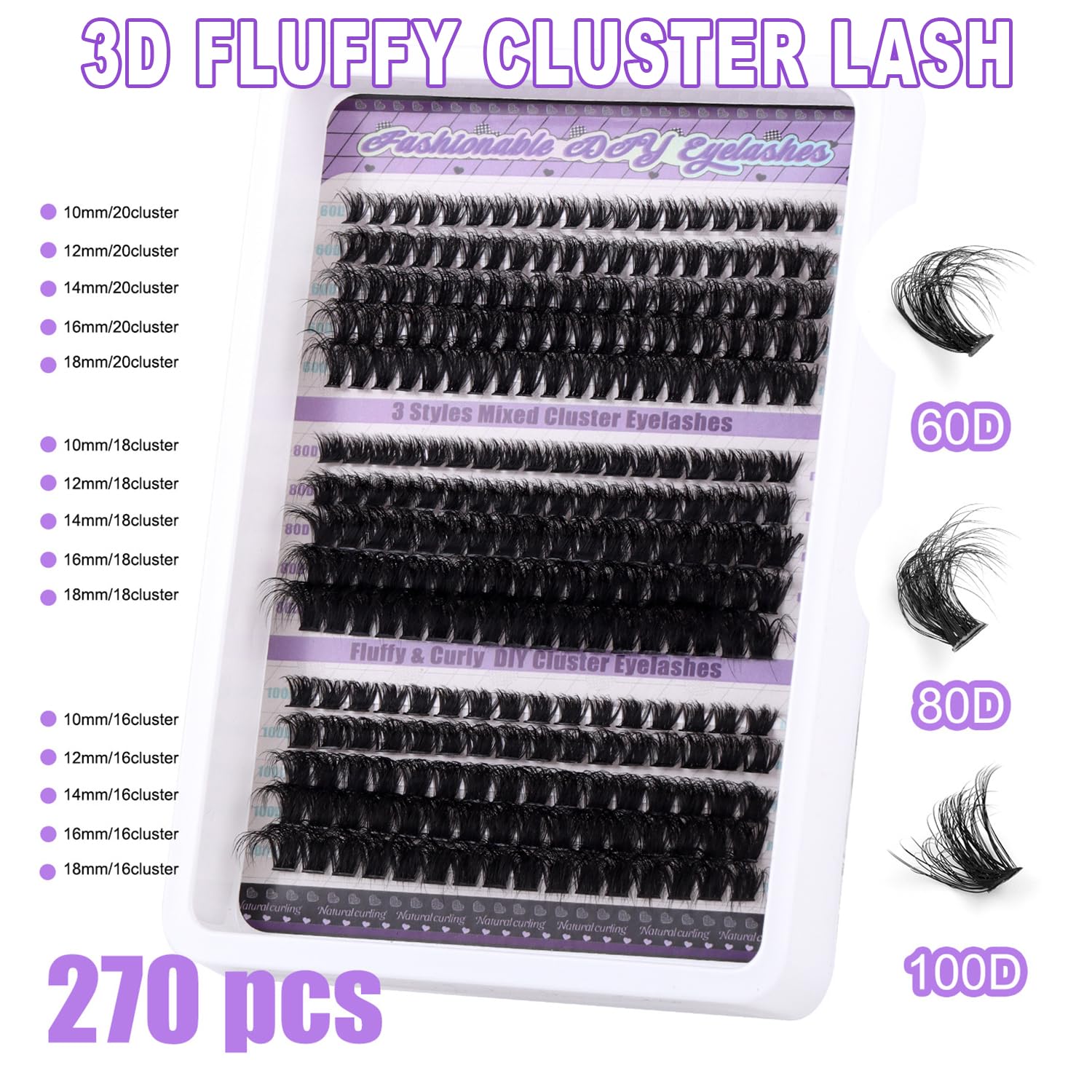 LYMYBETY Fluffy Individual Eyelashes Kit 270Pcs D Curl Cluster Lashes 10-18mm DIY Lash Extension kit Russian Individual Eyelashes with Lash Bond and Seal,Tweezers for Beginners(60+80+100 KIT - Image 2