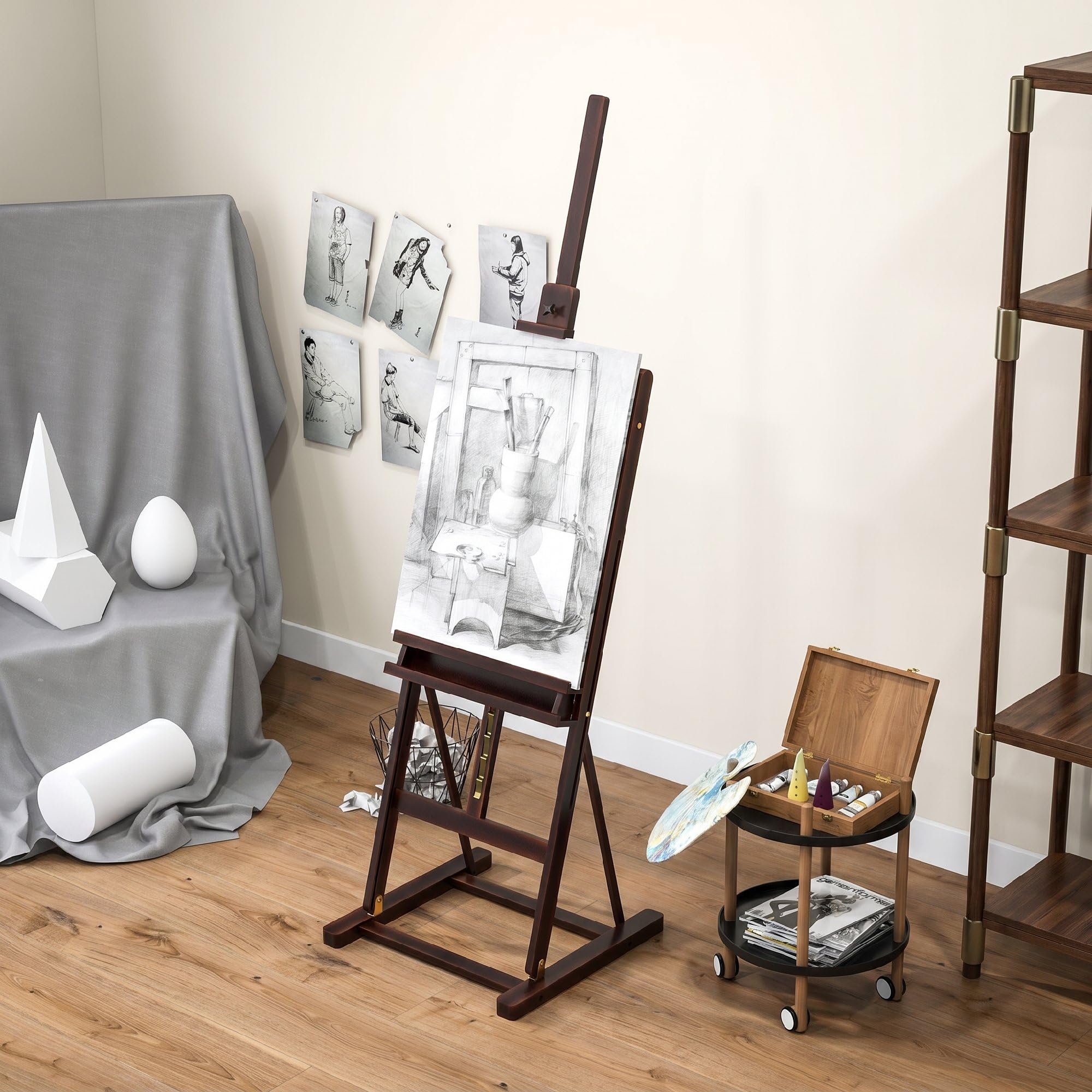 HOMCOM Caballete de Pintura con Altura y Ángulo Ajustables 230 cm Marrón | Caballete de Madera, Almacenamiento, para Adultos, Artistas, Pintor, Estudiantes