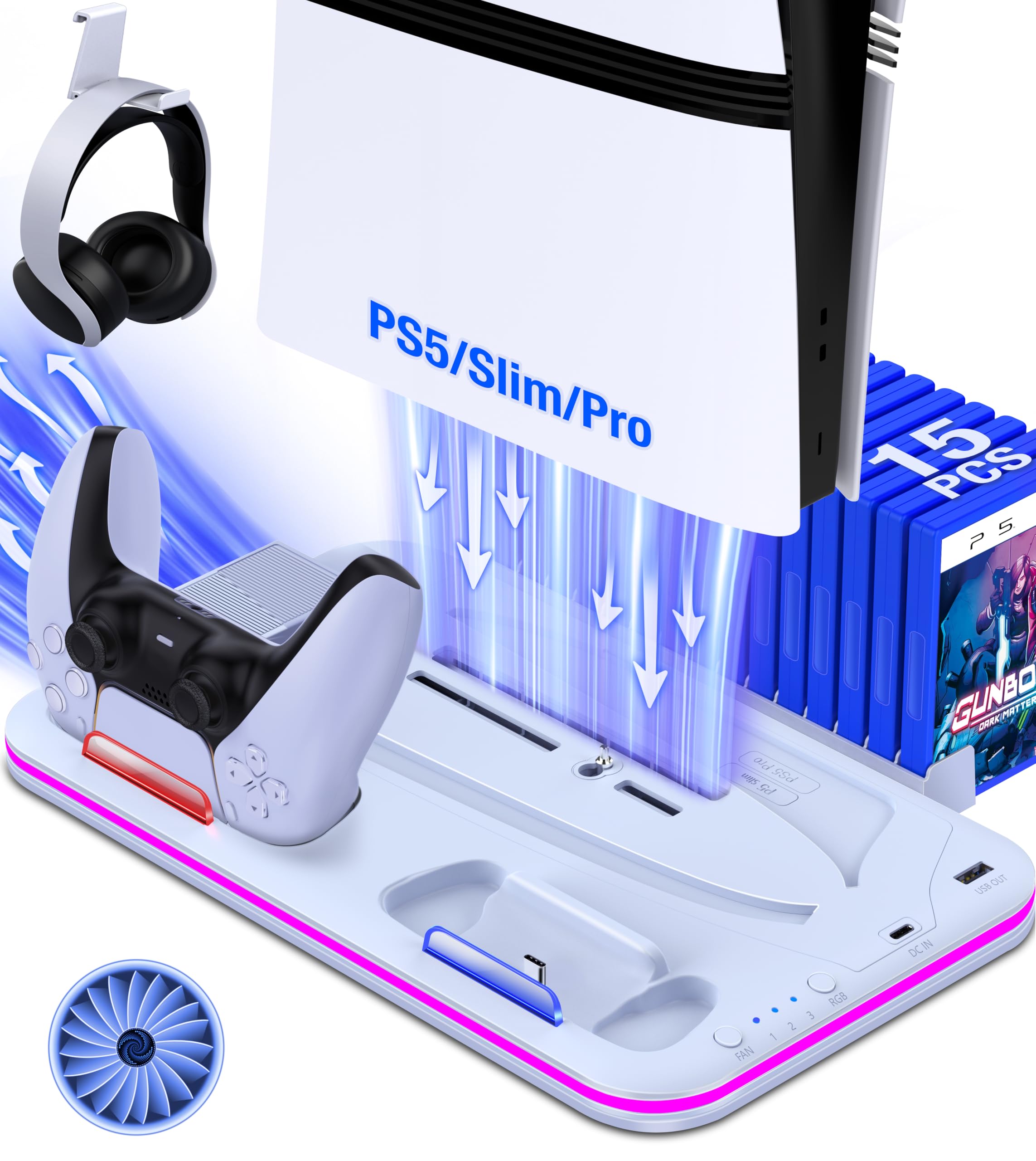 PS5 Slim Pro Stand and Cooling Station with Controller Charging Station for PlayStation 5 Slim Pro Console PS5