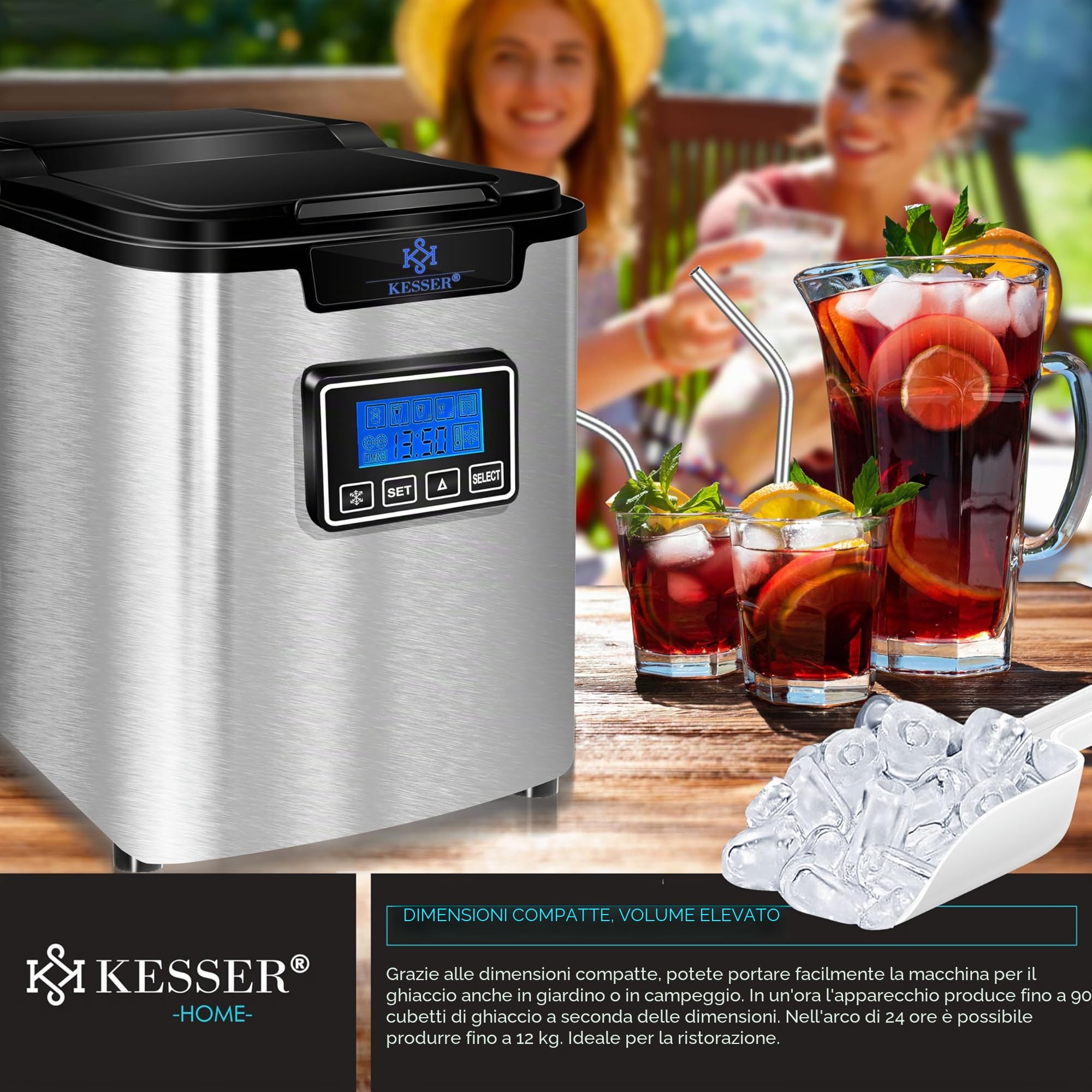 Macchina per il ghiaccio KESSER® in acciaio inossidabile | 150 W | 12 kg in 24 ore | Cubetti di ghiaccio in 3 dimensioni | Serbatoio dell'acqua da 2,2 litri