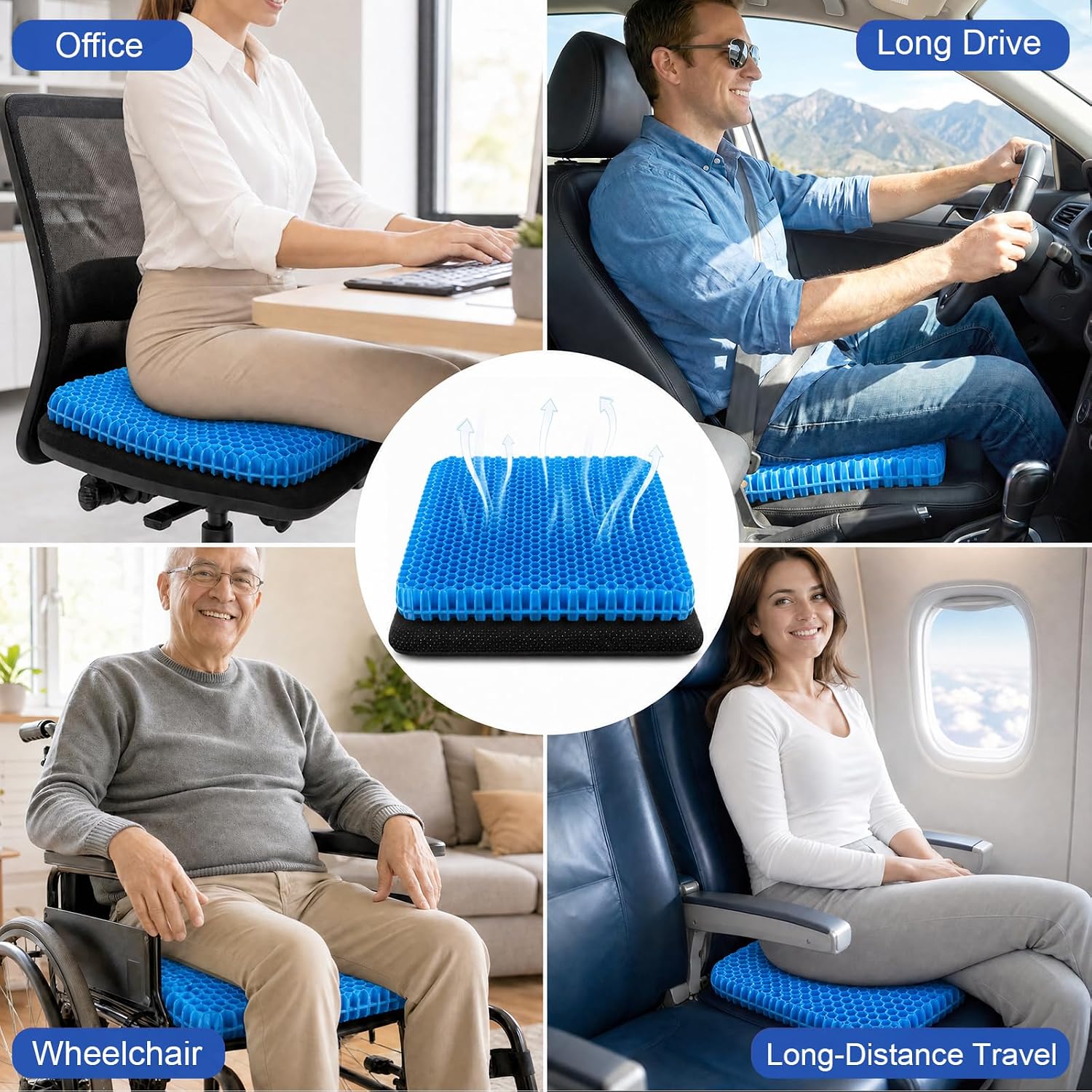 Gel Seat Cushion for Long Sitting – Double-Layer Honeycomb Cooling Chair Pad, Thick Supportive Gel Cushion with Breathable Non-Slip Cover for Office Chair, Car, Wheelchair & Long Sitting（Blue）