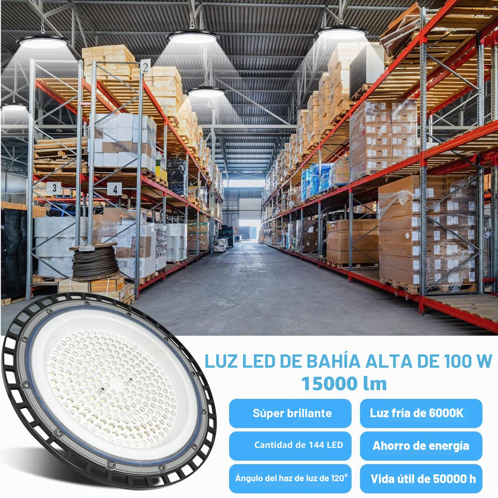 UFO LED Lámpara de Alta Bahía,6000K-6500K LED Iluminación de Almacén,100W 15000LM Iluminación Comercial,IP65 Impermeable Naves Industriales Para Patio,Garaje,Fábrica,Taller(6 Pack, 100W)