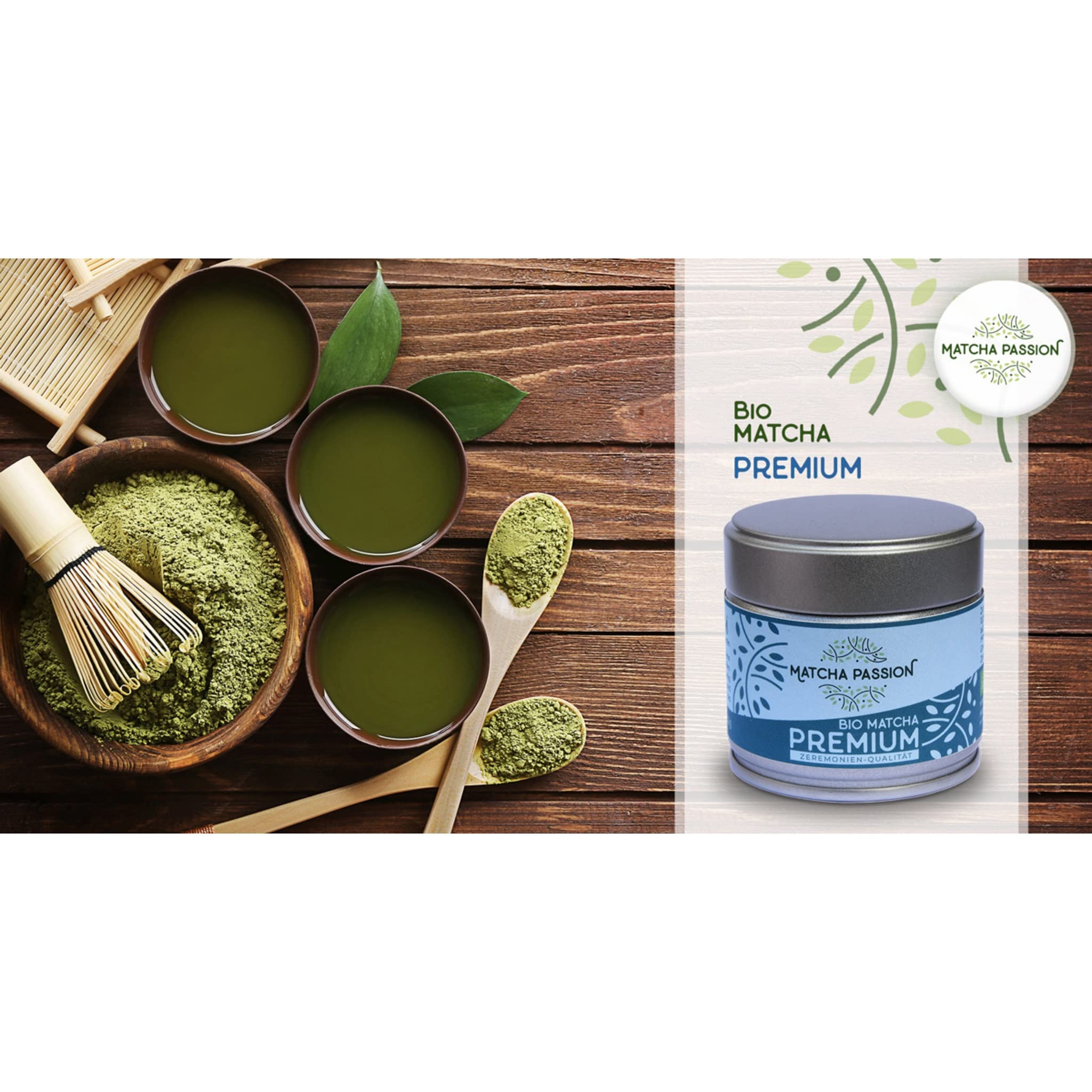 MATCHA PASSION Bio Matcha Premium 30g Pulver mit Bambusbesen & Bambuslöffel - Zeremonie Qualität Kagoshima Japan - purer Genuß für Tee-Zeremonie Vegan Superfood
