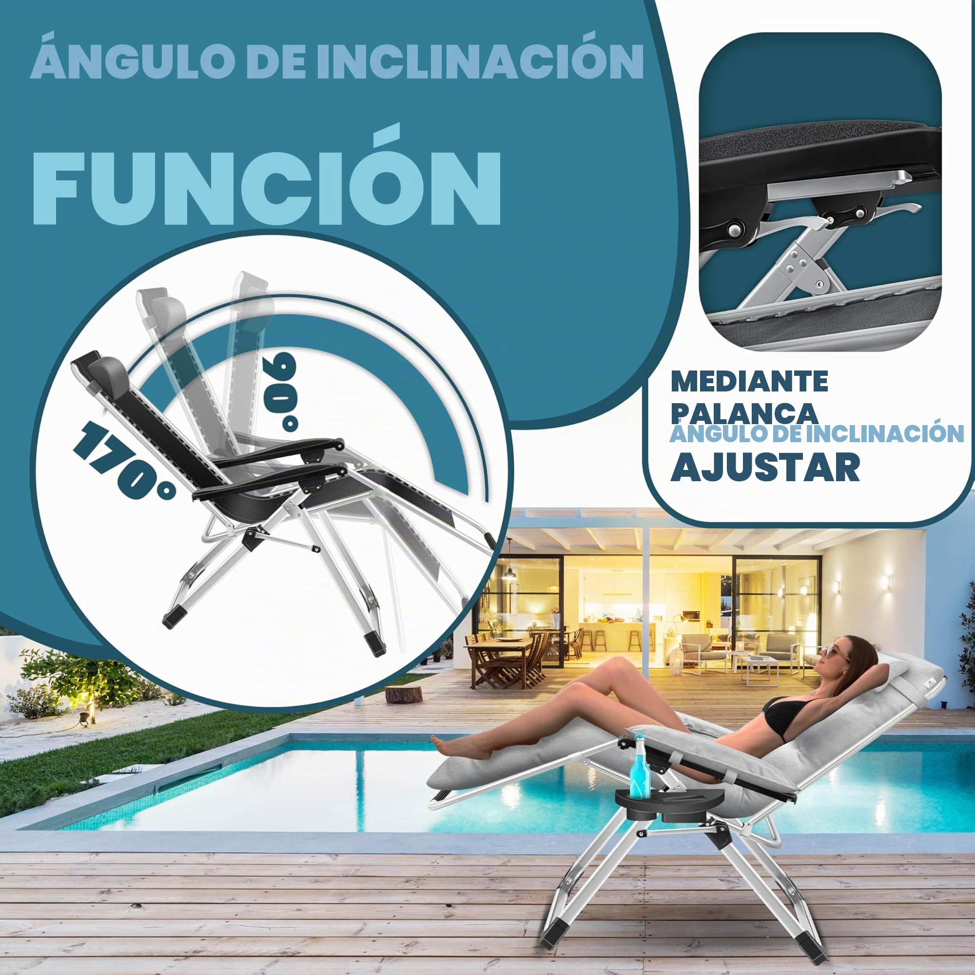 KESSER® Tumbona Plegable XXL, Resistente a la Intemperie, Capacidad de Carga 200kg, Tapizado Ergonómico, Respaldo Ajustable, Cojín Cervical, Portavasos y Cojín para Brazos, Basic - Gris