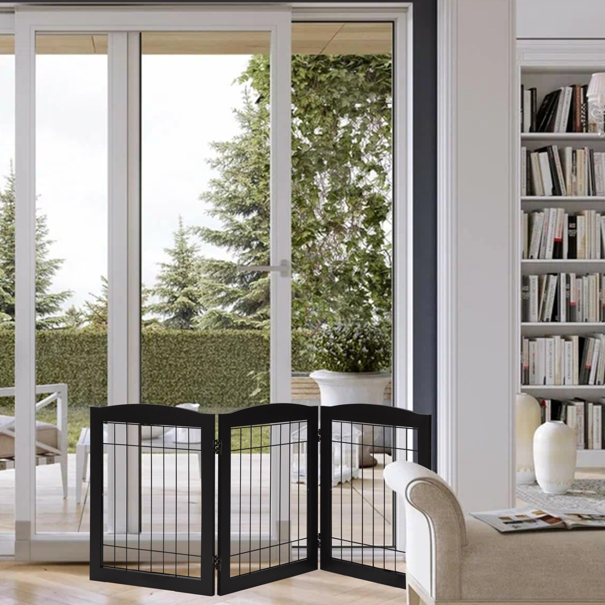 LZRSLZRS Sturdy Wood Pet Gate, Freestanding Tall Wire Dog Gate Safety Fence Indoor, Foldable Stair Barrier Pet Exercise for Most Furry Friends, Dog Gate for Stairs, Black,30" Height-3 Panels