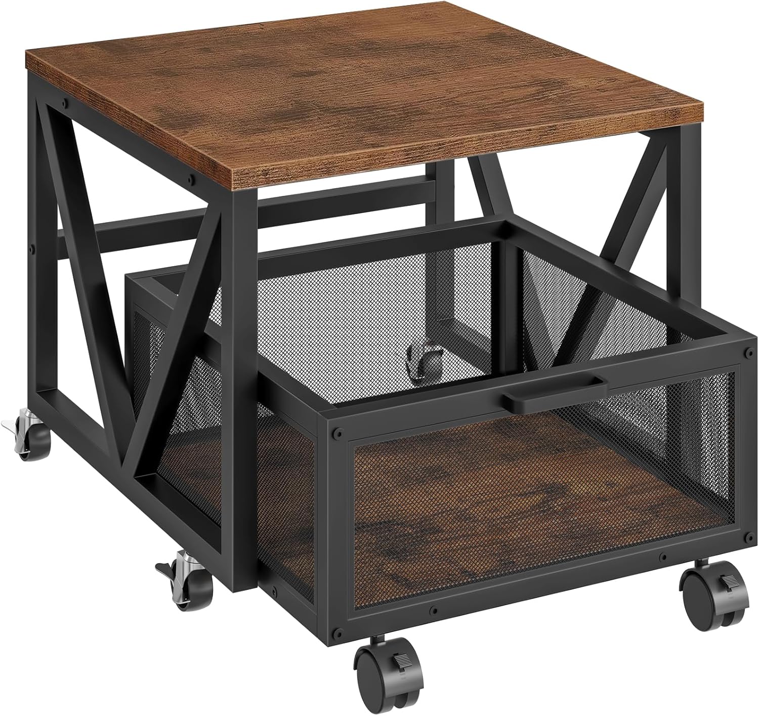 HOOBRO Mini Fridge Stand with Movable Storage Basket and Wheels, Mini Fridge Cabinet with Wheels, Sturdy Metal Frame, for Home, Office, Dorm, Rustic Brown and Black BF255TL01