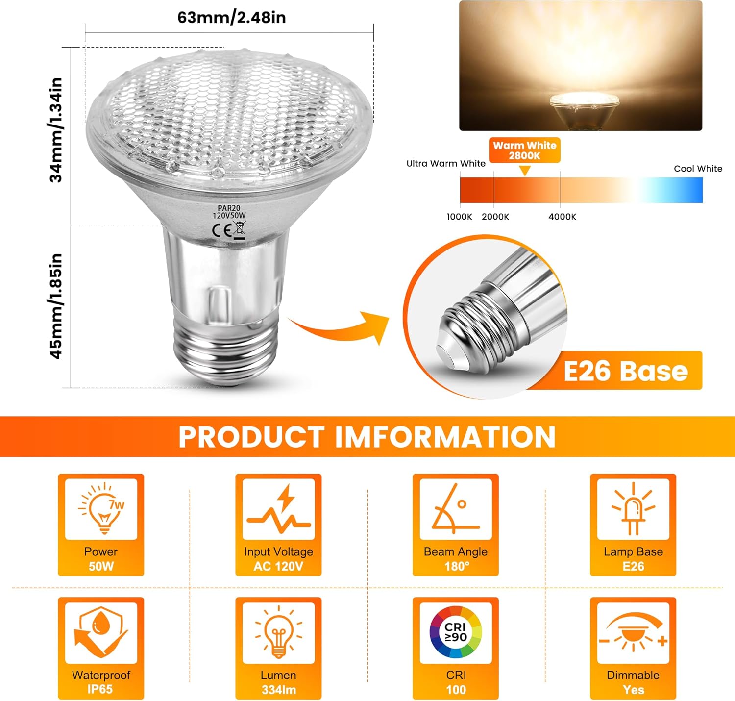 Par20 Bulbs, 2 Pack 120V 50W Halogen Flood Light Bulbs, E26 Medium Base, Dimmable, Long Lasting Life, 2800K Warm White, High Output Par20 Halogen Light Bulbs for Range Hood Light Replacement