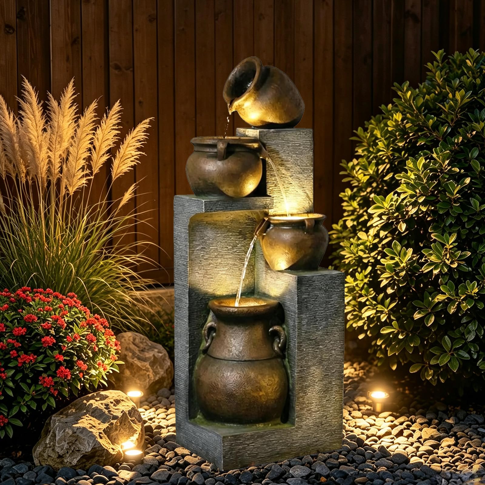 Bumilgar Large Outdoor Water Fountain Modern 53-Inch Cascading Bowls Gray