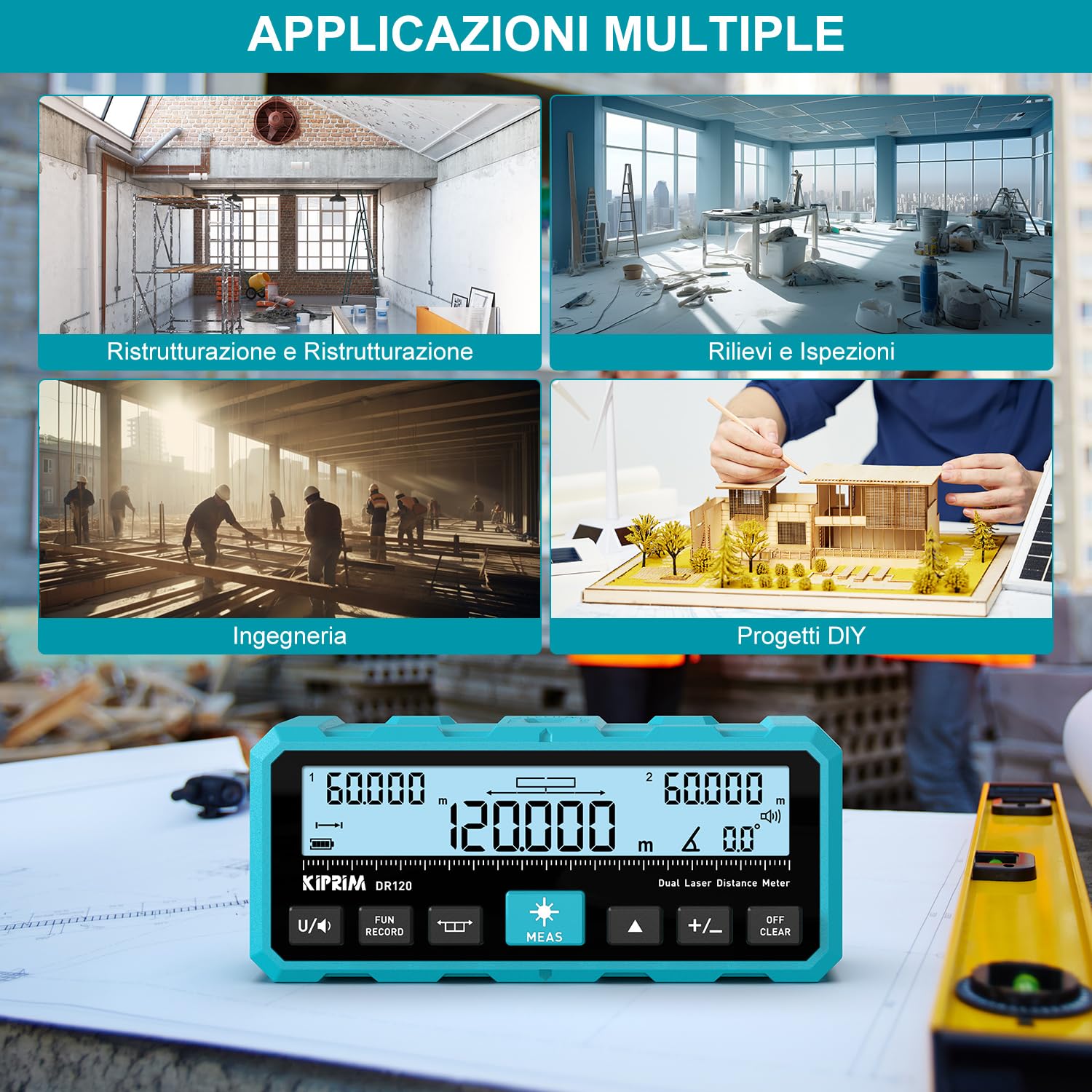 KIPRIM Telemetro Laser 120m, Doppio Raggio Bidirezionale, Linea Laser Verticale, Livella Elettronica, Ricaricabile USB-C, Unità M/FT/IN - DR120