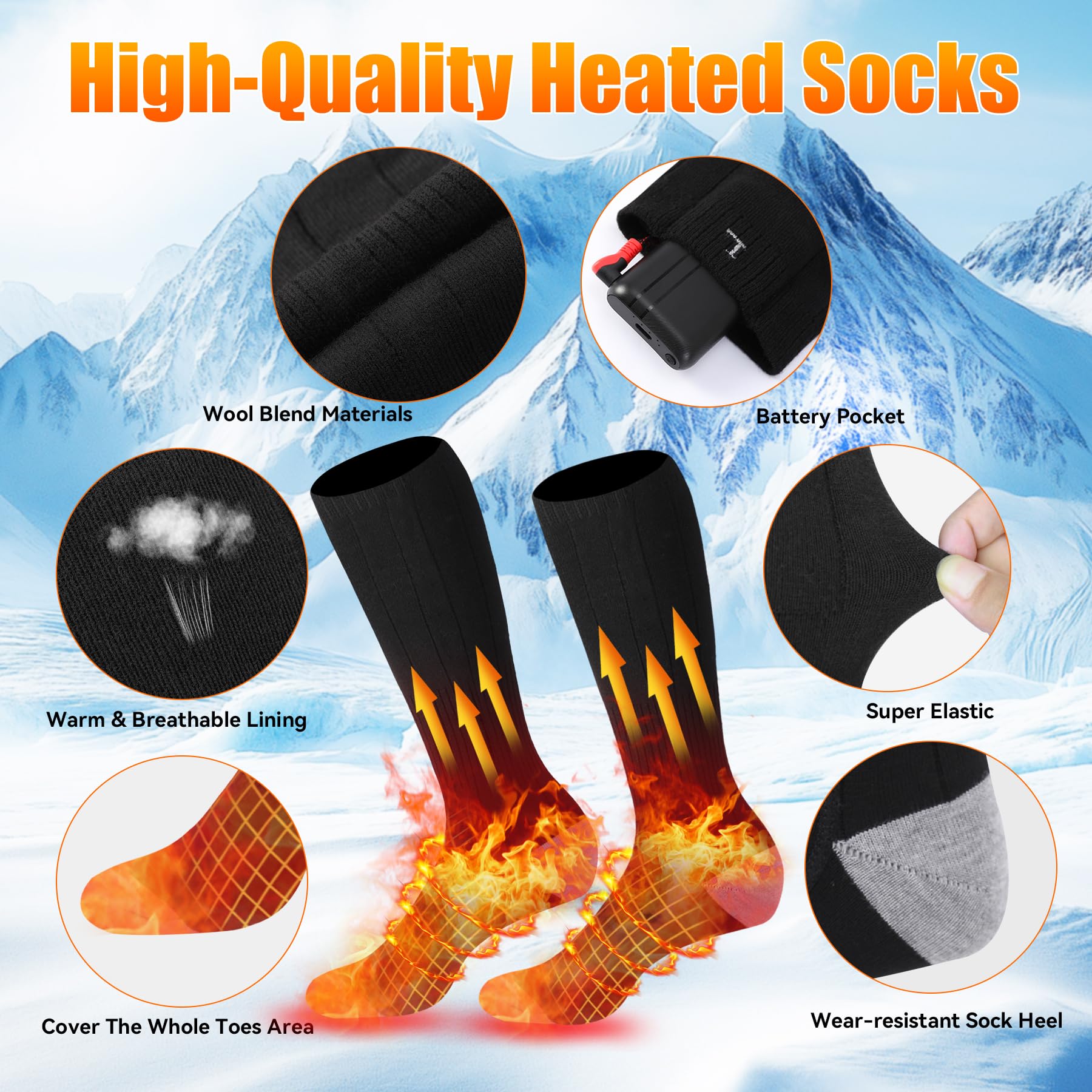 Beheizbare Socken Damen Herren, Wiederaufladbare Heizsocken mit 4000mAh Akku 3 Heizstufen, Beheizte Socken Warme Socken Fusswärmer, Socken Beheizbar für Wintersport im Freien Schwarz