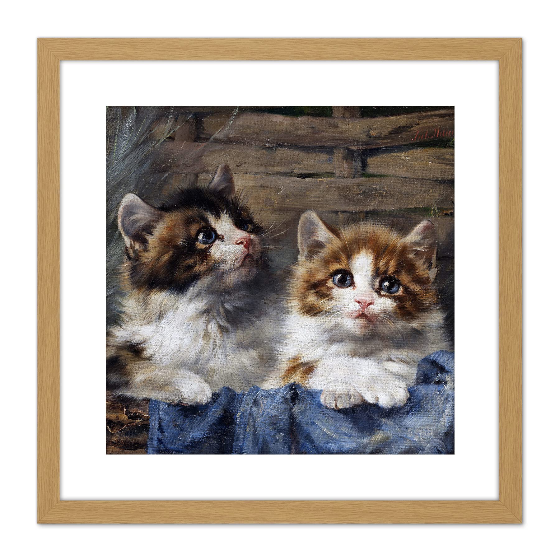 Artery8 Adam Two Kittens Basket Blue Cloth Cat Painting 9X9 Inch Square Wooden Framed Wall Art Print Picture with Mount