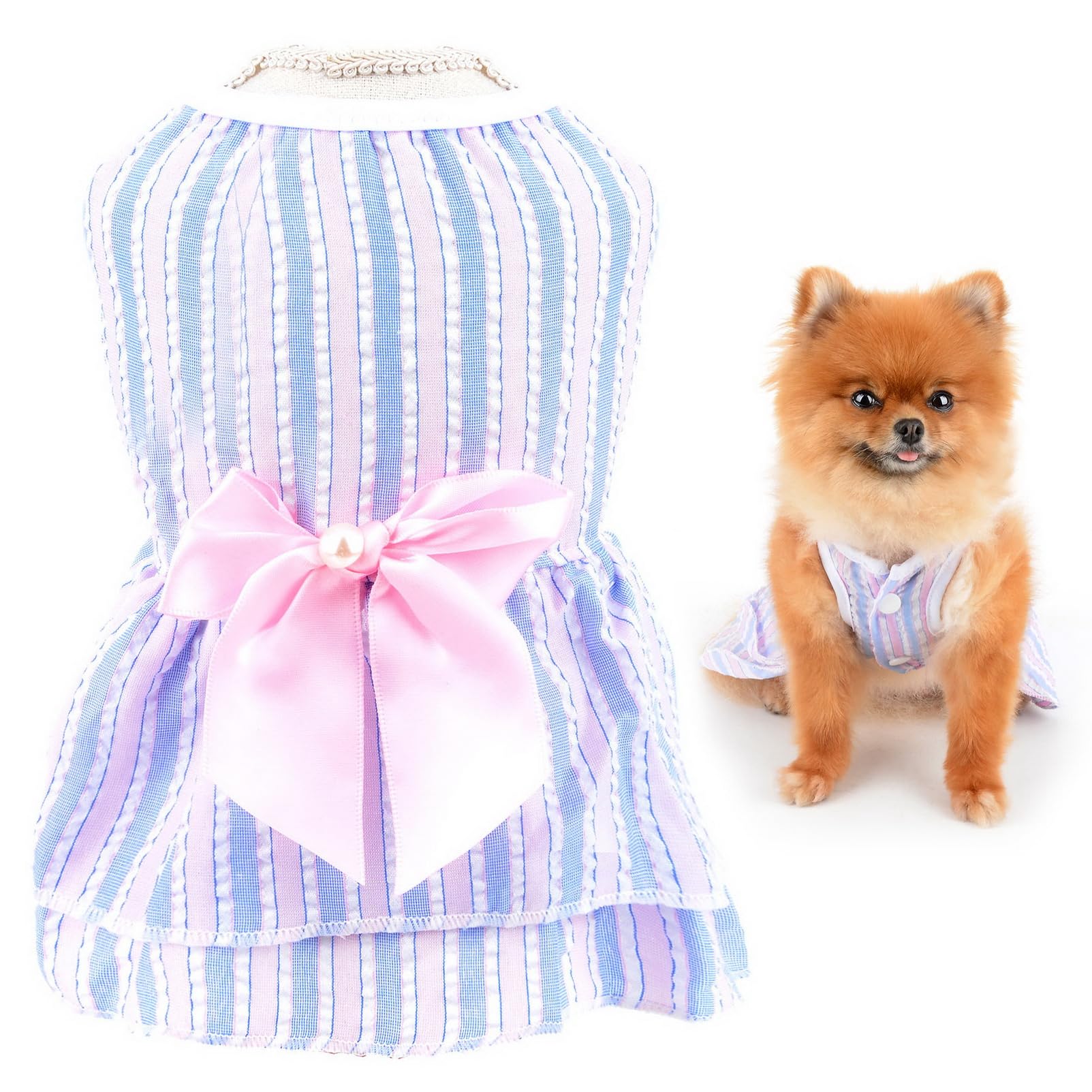 SMALLLEE_LUCKY_STORE Striped Princess Dress for Small Dogs, Blue, XL
