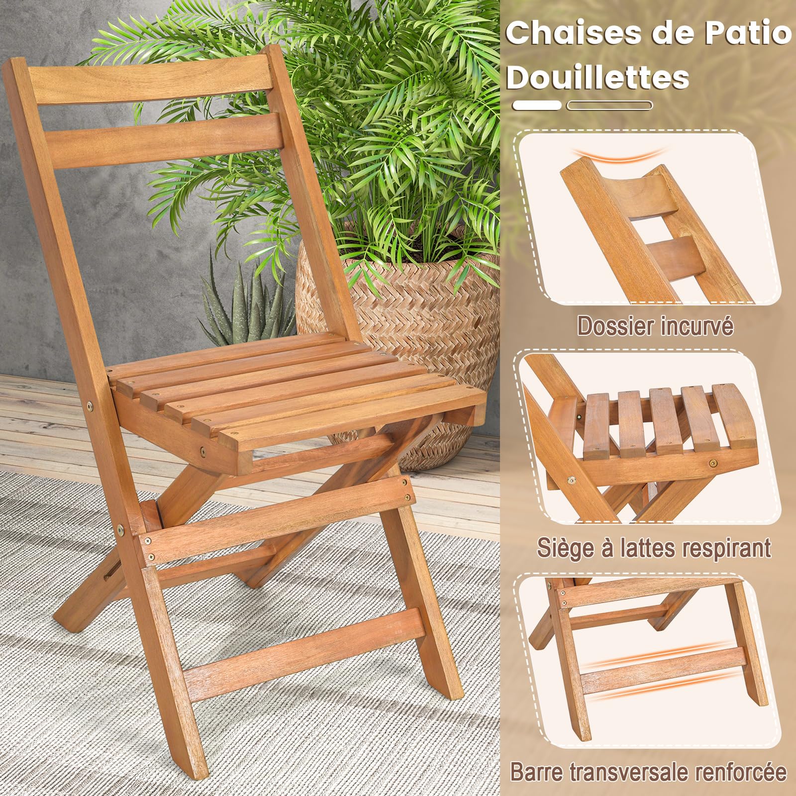 Giantex Table de Jardin Exterieur avec Chaise, 1 Table Ronde et 2 Chaises Bois d'Acacia avec Dossiers, Ensemble Meuble Extérieur, Salon de Jardin 2 Personnes, Table et Chasie Pliantes pour Balcon
