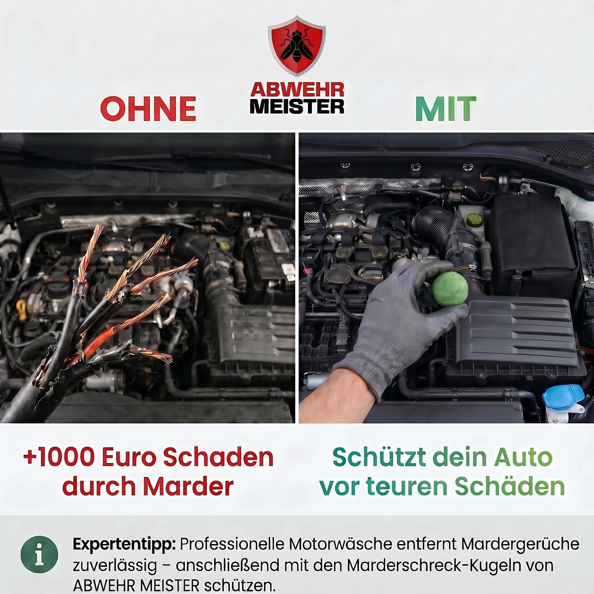 ORIGINAL 4X Marderschreck-Kugeln inkl. PKW-Halterung, Marderschreck Auto mit Sofortwirkung, bis zu 6 Monate Schutz, Marderabwehr zum Schutz vor Marder im Motorraum, Made in Germany