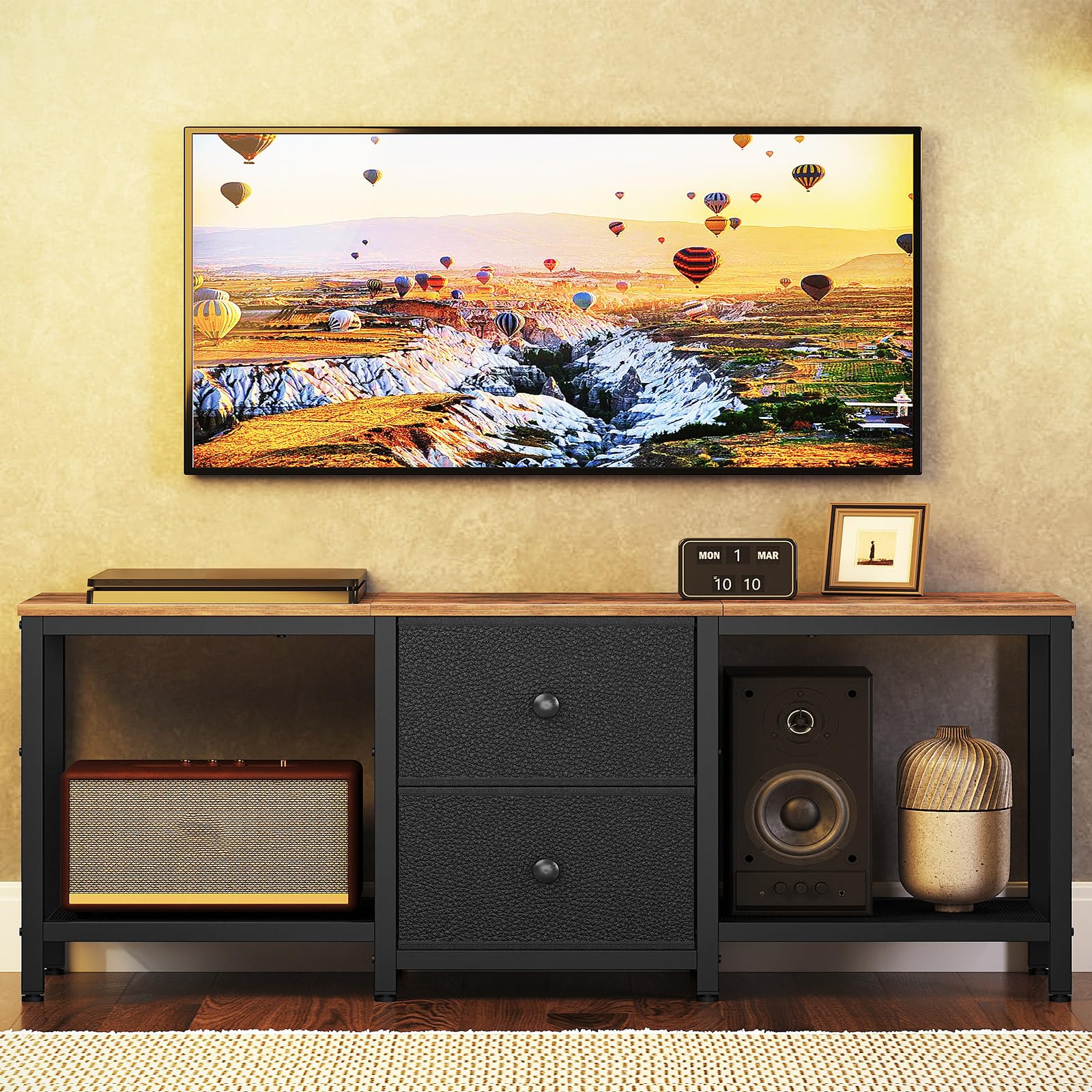YATINEY Mueble para TV, Soporte para Televisor de hasta 55", Mueble Multimedia con Estantes y 2 Cajones, Marco de Metal, para Salón, Dormitorio, 120 x 30 x 50 cm, Marrón Rústico y Negro XDS02BR
