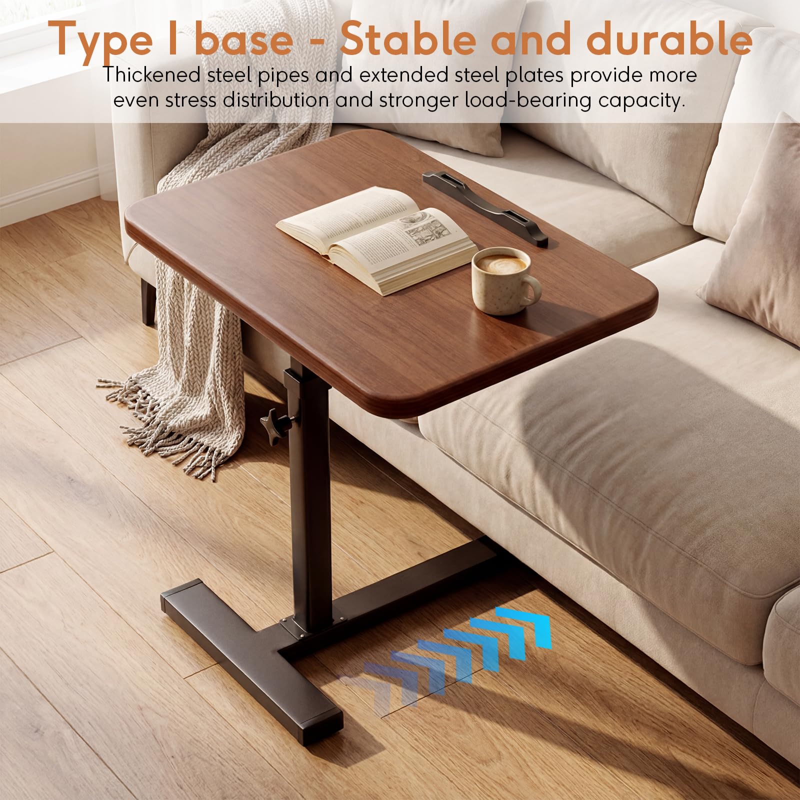Mesa auxiliar con ruedas ocultas, escritorio de pie, altura regulable de 63 a 103 cm, mesa de cama móvil de madera, mesa de sofá, mesita de noche, mesa de aseo para dormitorio, salón