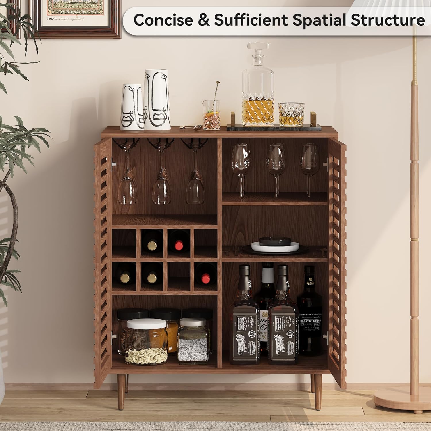 Mid Century Bar Cabinet with Wine Racks, Modern Liquor Cabinet with Slatted Doors for Dining Room, Living Room (Walnut Color)