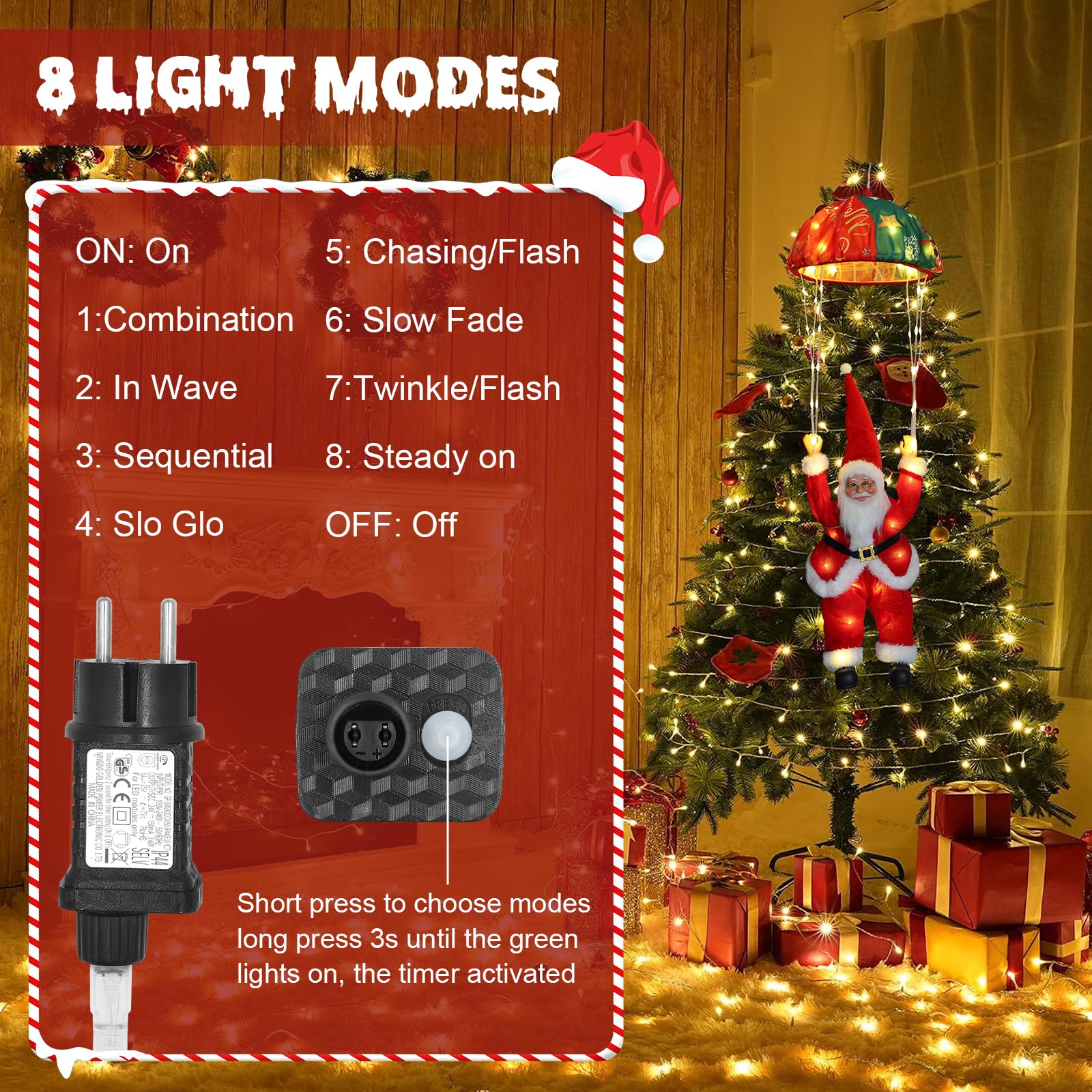 Auting Luces Navidad LED Paracaídas Papá Noel 8 Modos Temporizador | Función memoria para conservar ajustes, perfecta como decoración colgante en ventanas e interiores