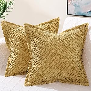 decorUhome Decorative Mustard Yellow Fall Throw Pillow Covers 26x26 Set of 2 with Splicing, Boho Soft Neutral Corduroy Broadside Twill Pillow Covers for Couch Bed Sofa Living Room