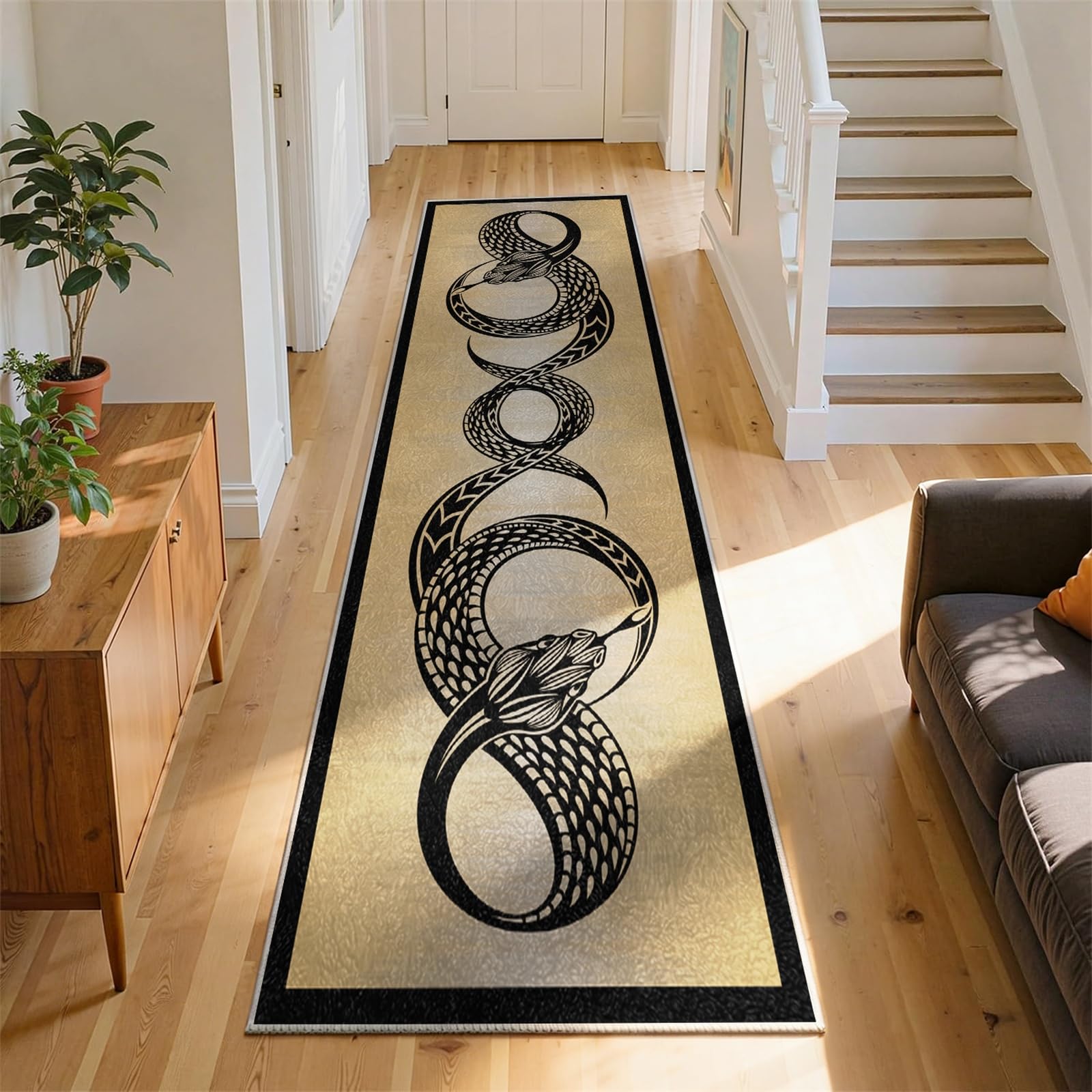 Arzunsy Snake Print Runner Rug 60x180cm, Extra Long Modern Minimalist Pattern with Black Border Rugs, Non-Slip & Washable Short Pile Carpet, Foldable for Hallway, Bedroom, Living Room