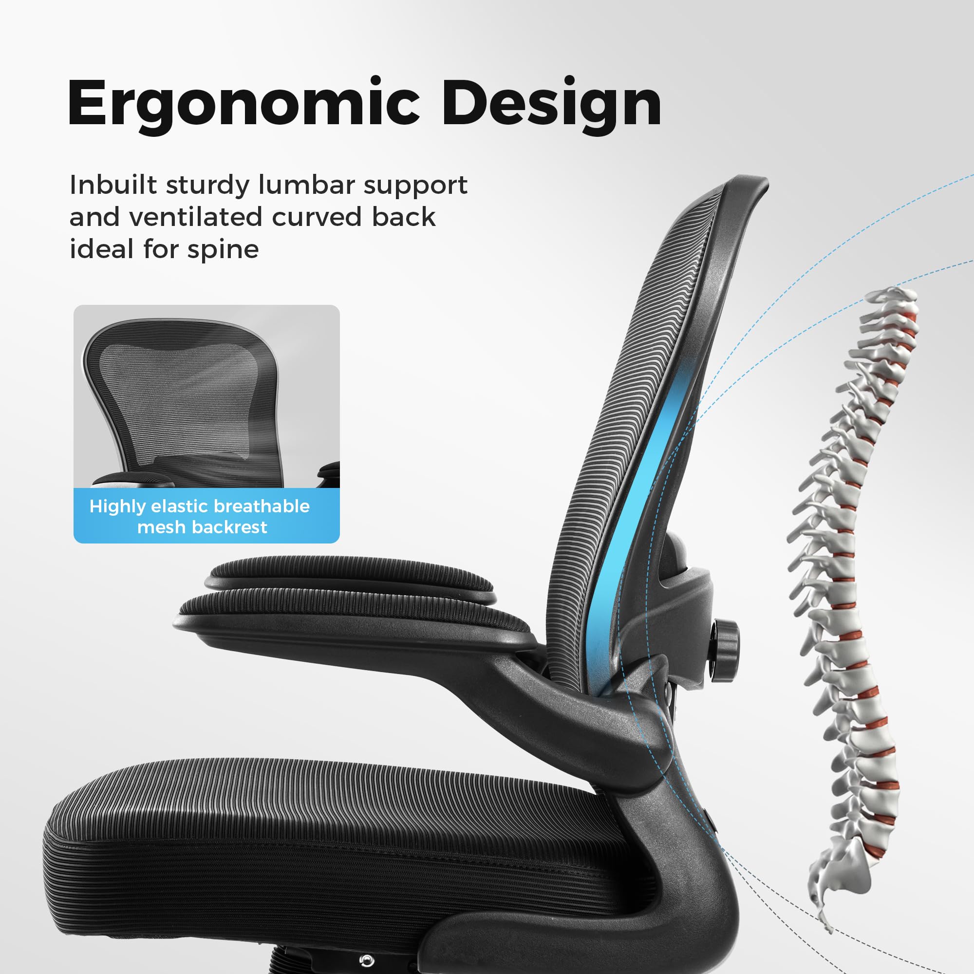 ALPHA HOME Bürostuhl Ergonomischer Schreibtischstuhl mit Lendenwirbelstütze, Höhenverstellbar, Bürostühle aus Netzgewebe mit Hochklappbaren Armlehnen, Schwingende Rückenlehne für das Home Office