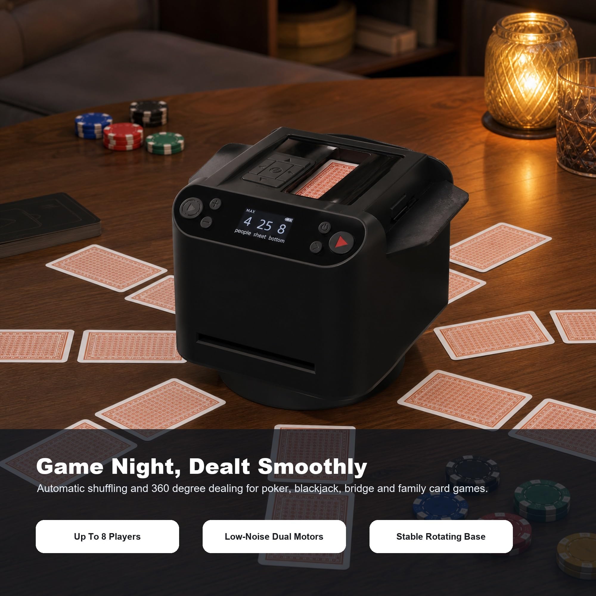 Mescolatore e mazziere automatico di carte con rotazione di 360 gradi | Corpo in Abs, Poker e Giochi di Società, Mischia e Distribuisci, Display Oled, Batteria da 5200Mah