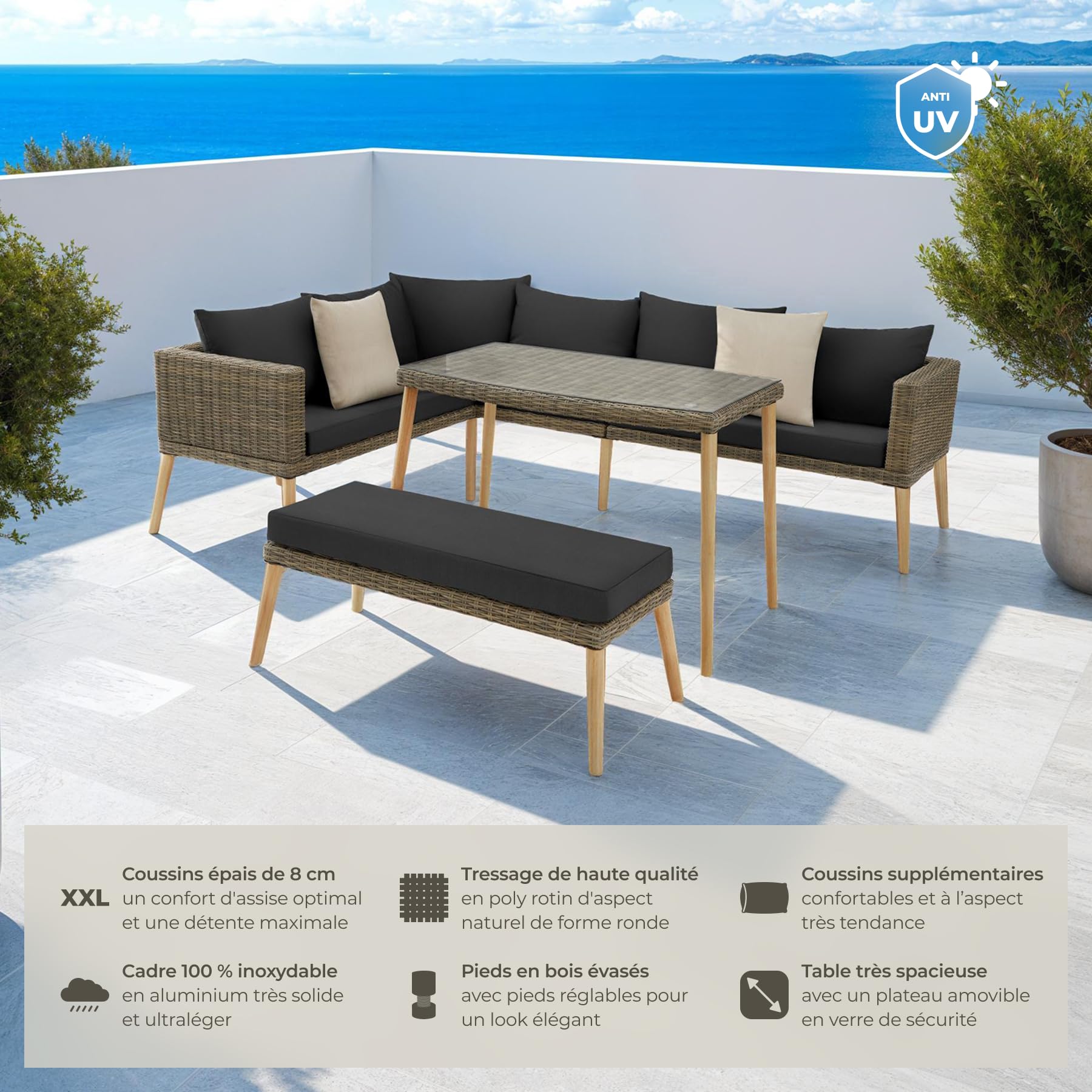 tectake® Ensemble Salon de Jardin Exterieur en Poly Rotin et Aluminium, 4 Places 1 Canapé 1 Banquette Jardin et 1 Table de Jardin, Facile d'entretien, Mobilier pour Amenagement Balcon Terrasse Veranda
